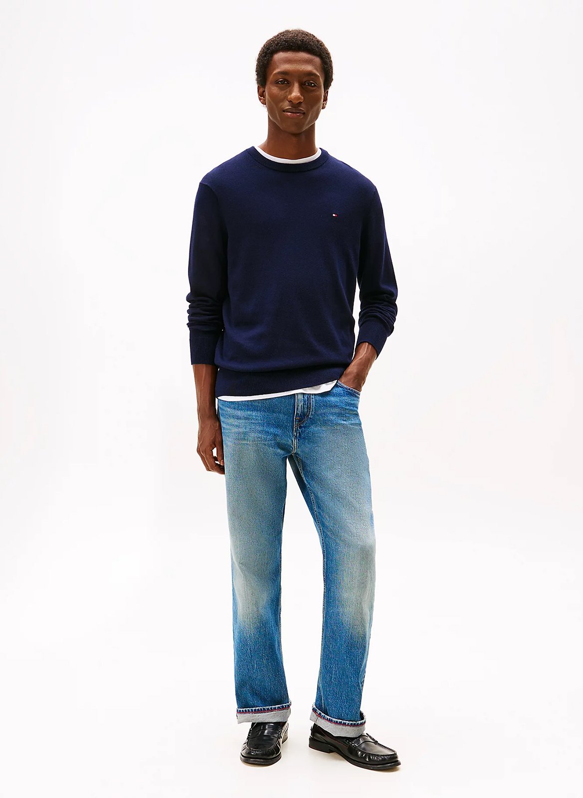 Round-neck cotton-blend sweater Blue