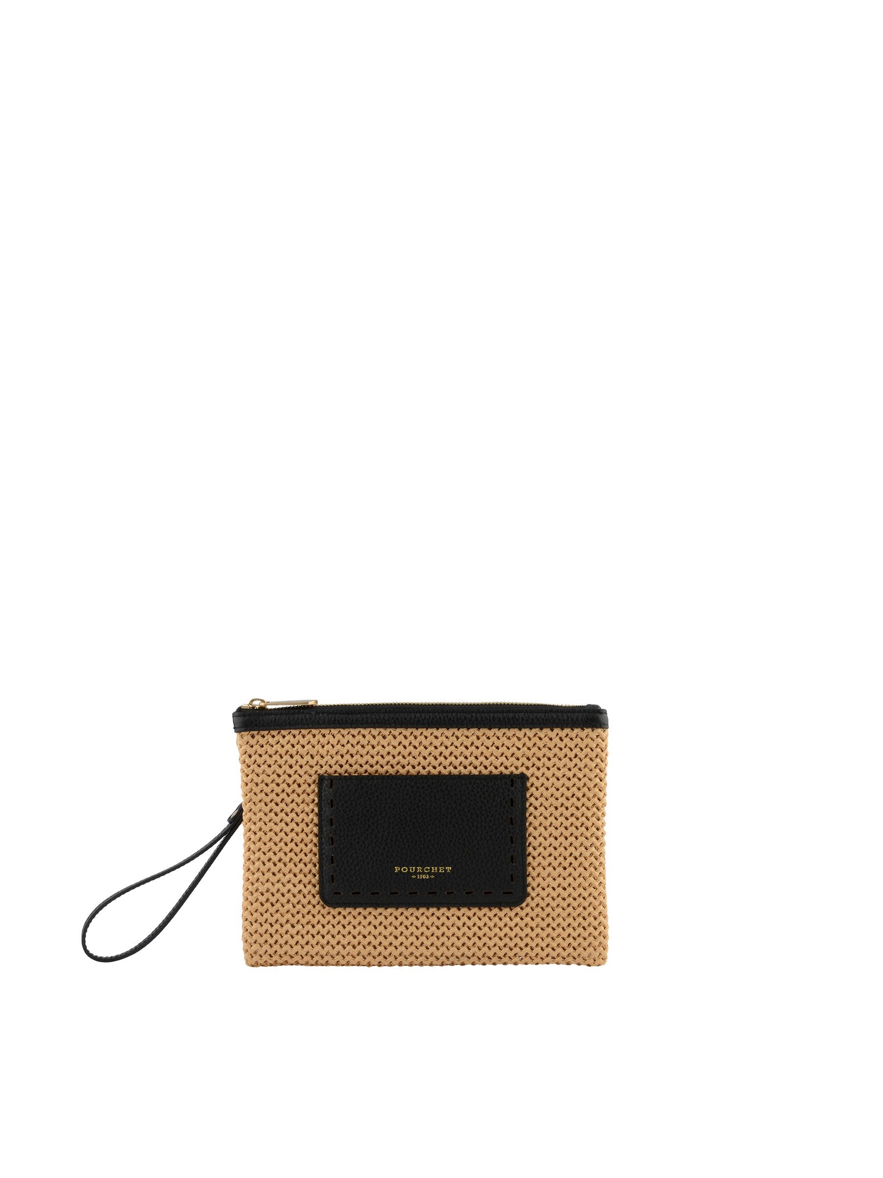 Straw clutch with leather trim POURCHET Black