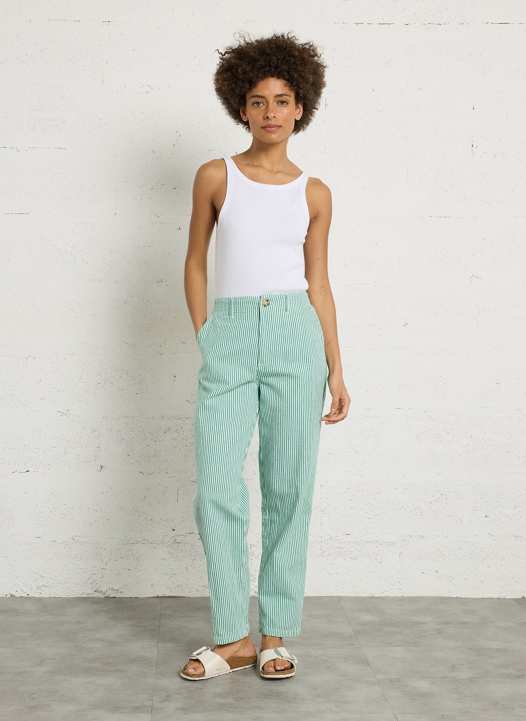 Pantalon droit taille haute à rayures LEON & HARPER Vert