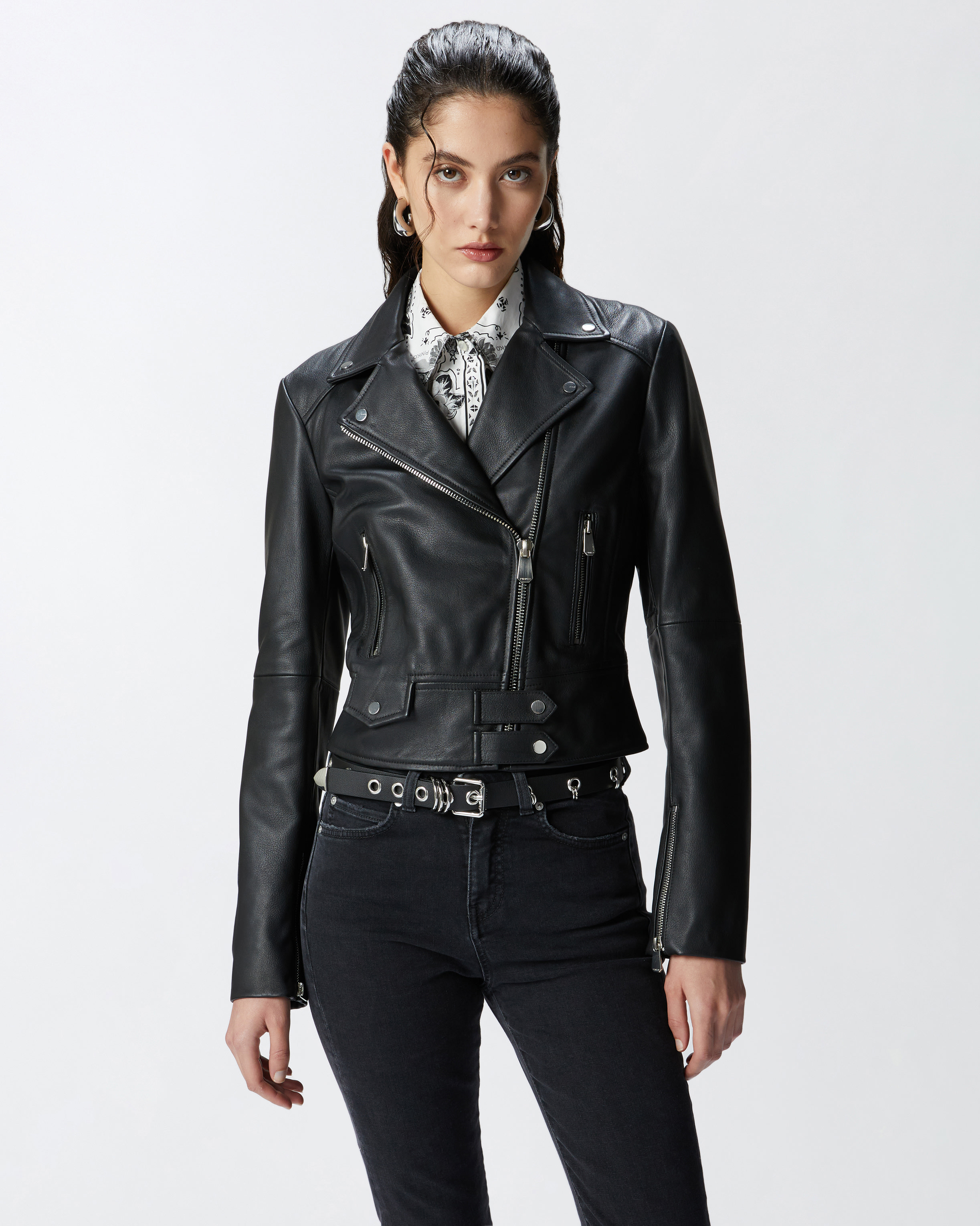 Blouson de motard court zippé en cuir nappa PINKO Noir