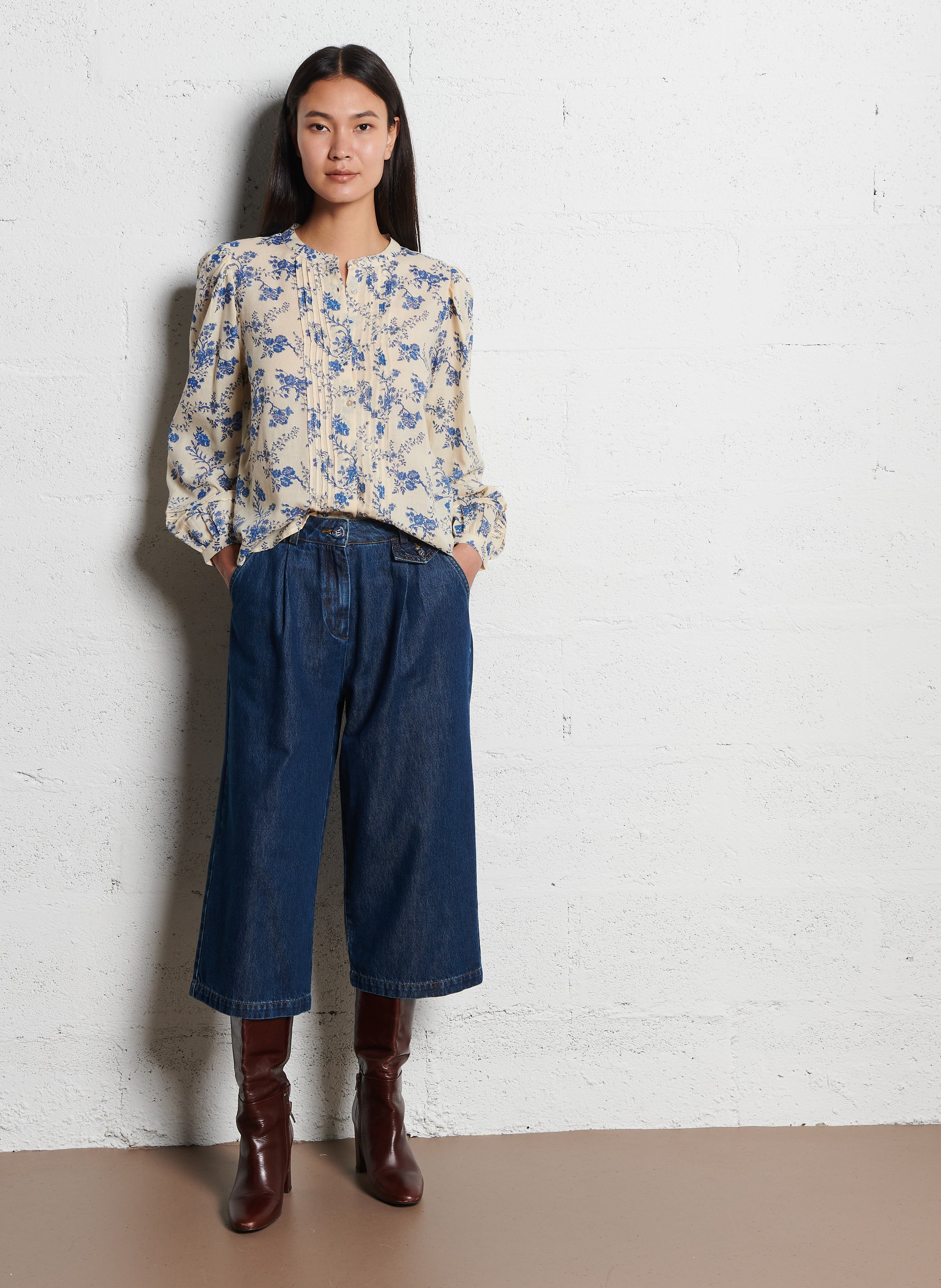 Baumwollbluse mit Rundhalsausschnitt EMILE ET IDA Blau