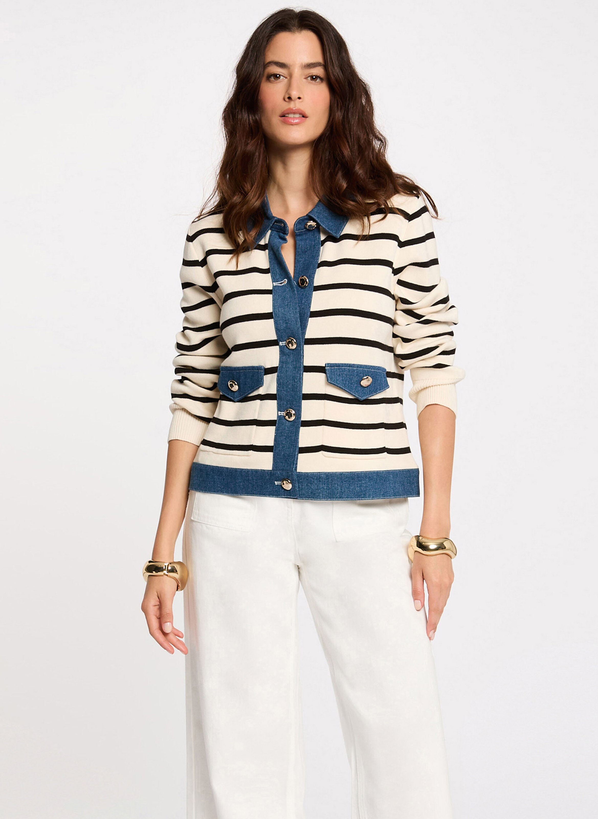 Striped fine knit cardigan MORGAN Beige