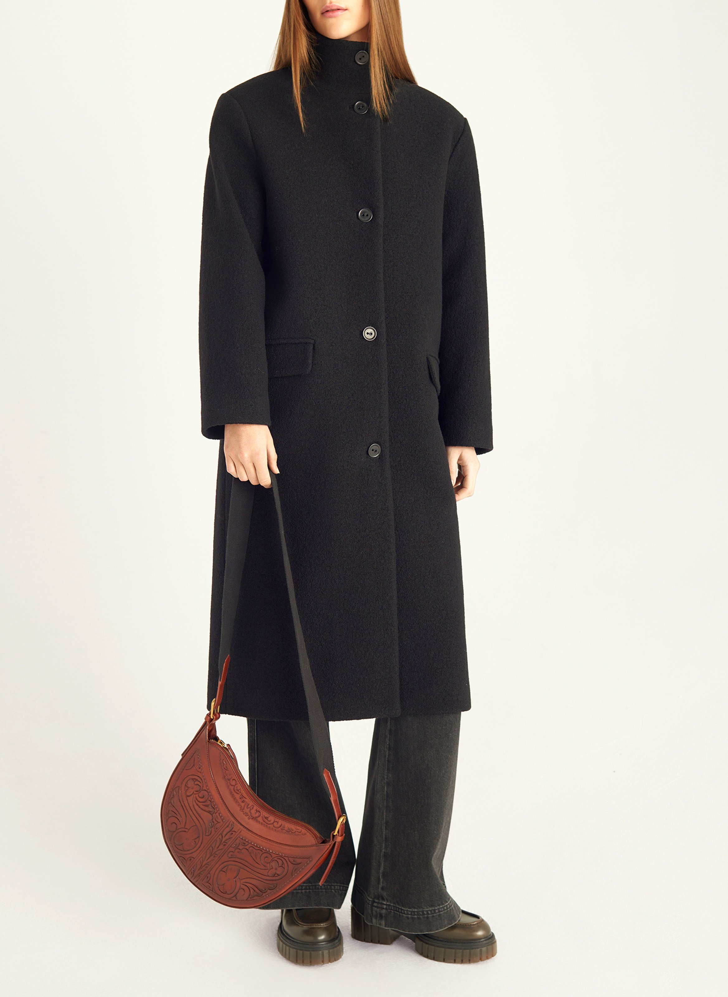 Manteau midi col montant en laine COTELAC Noir