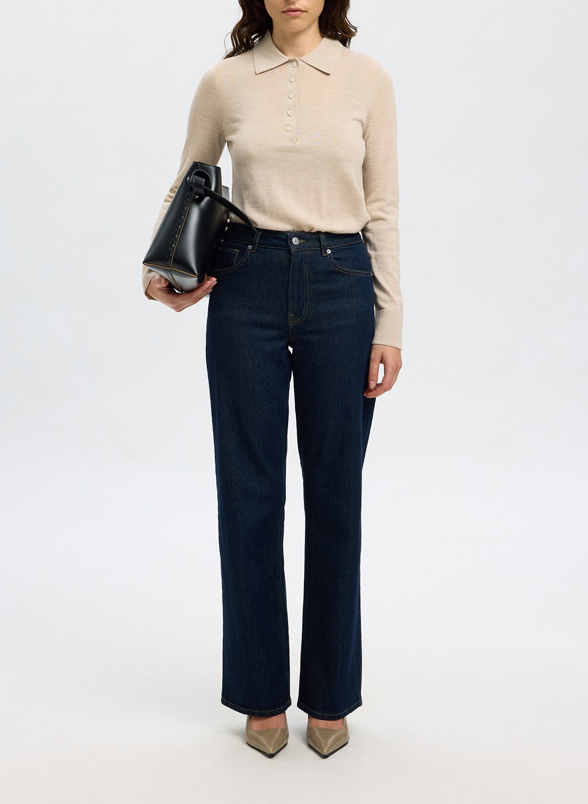 Heathered wool long-sleeve polo SELECTED Beige