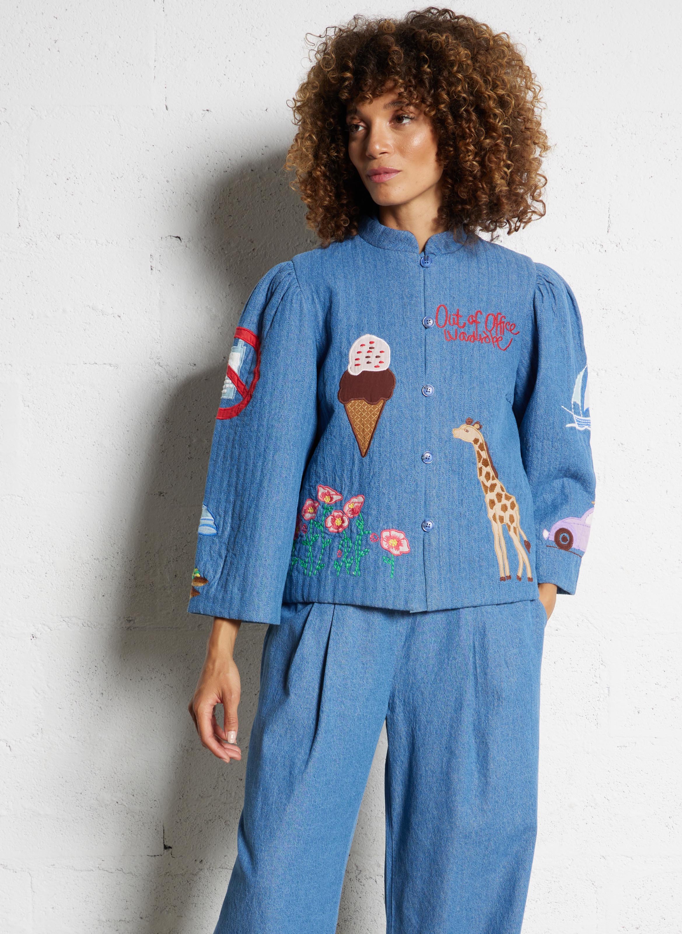 Veste col montant en denim de coton STELLA NOVA Bleu