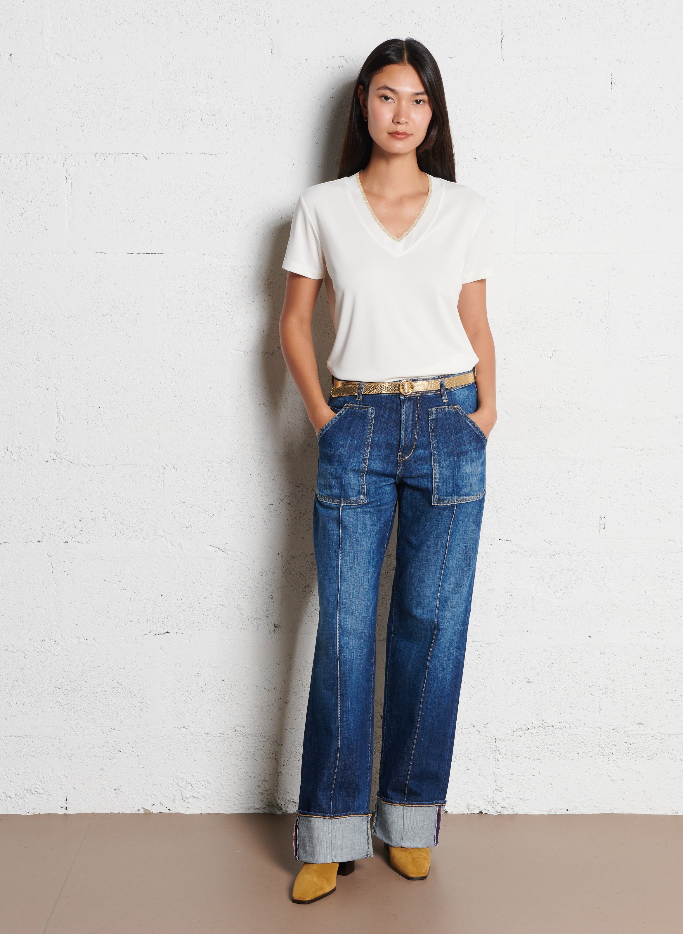 Ceinture fine en cuir aspect croco DES PETITS HAUTS Doré