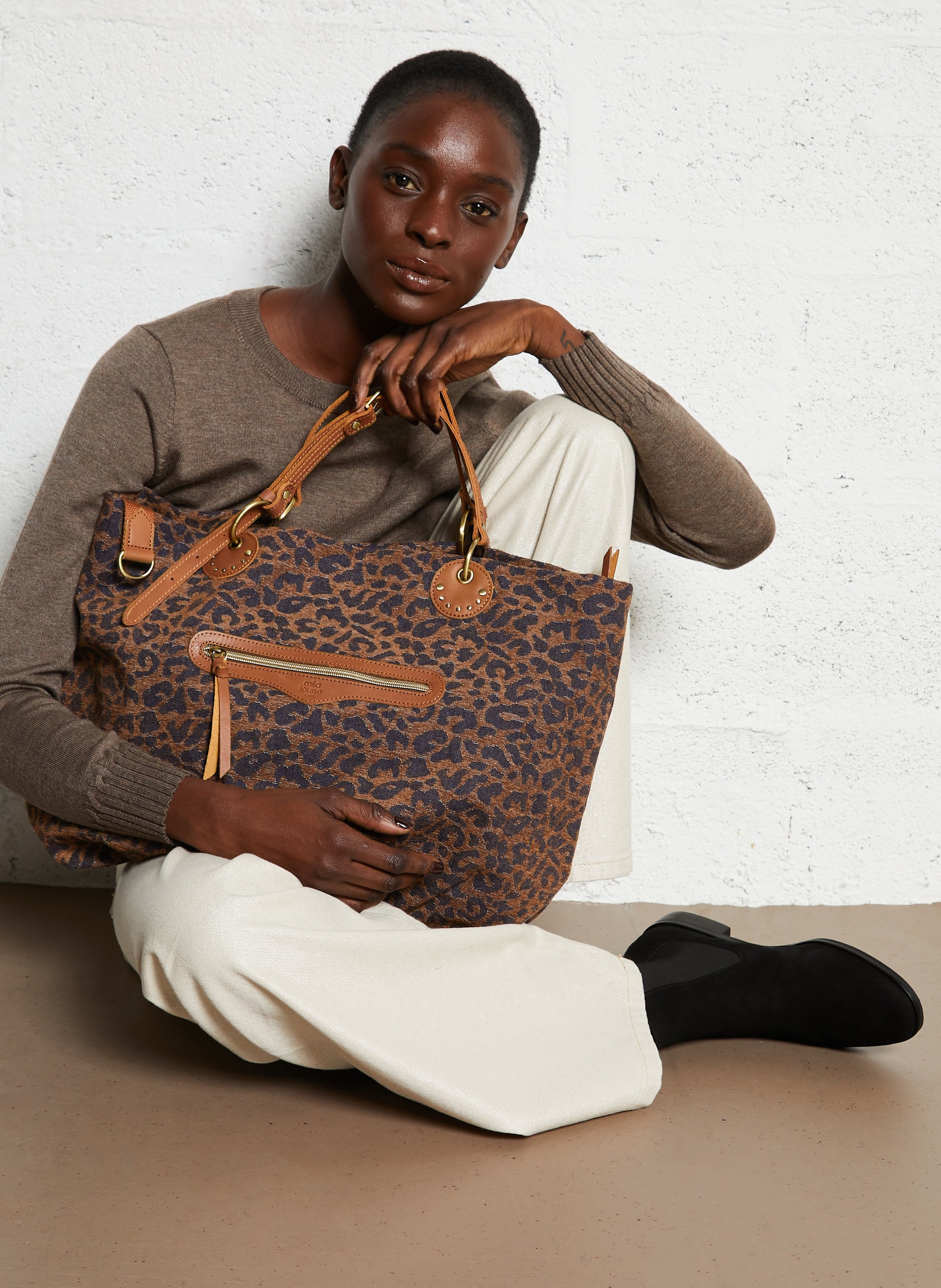 Shopper van bedrukte jacquard MILA LOUISE Beige