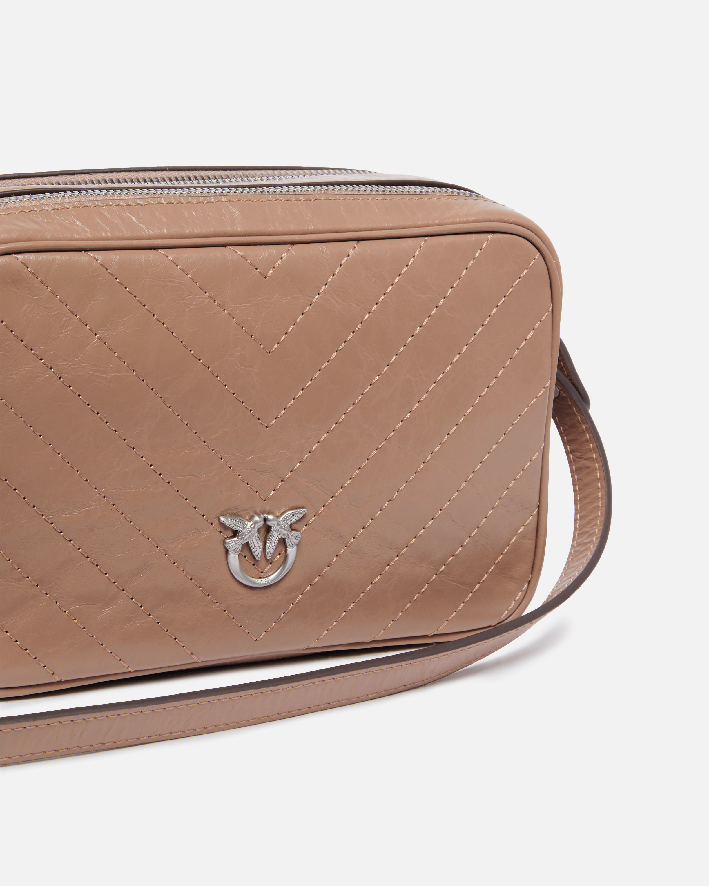 Medium Chevron Leather Camera Crossbody Bag PINKO Beige