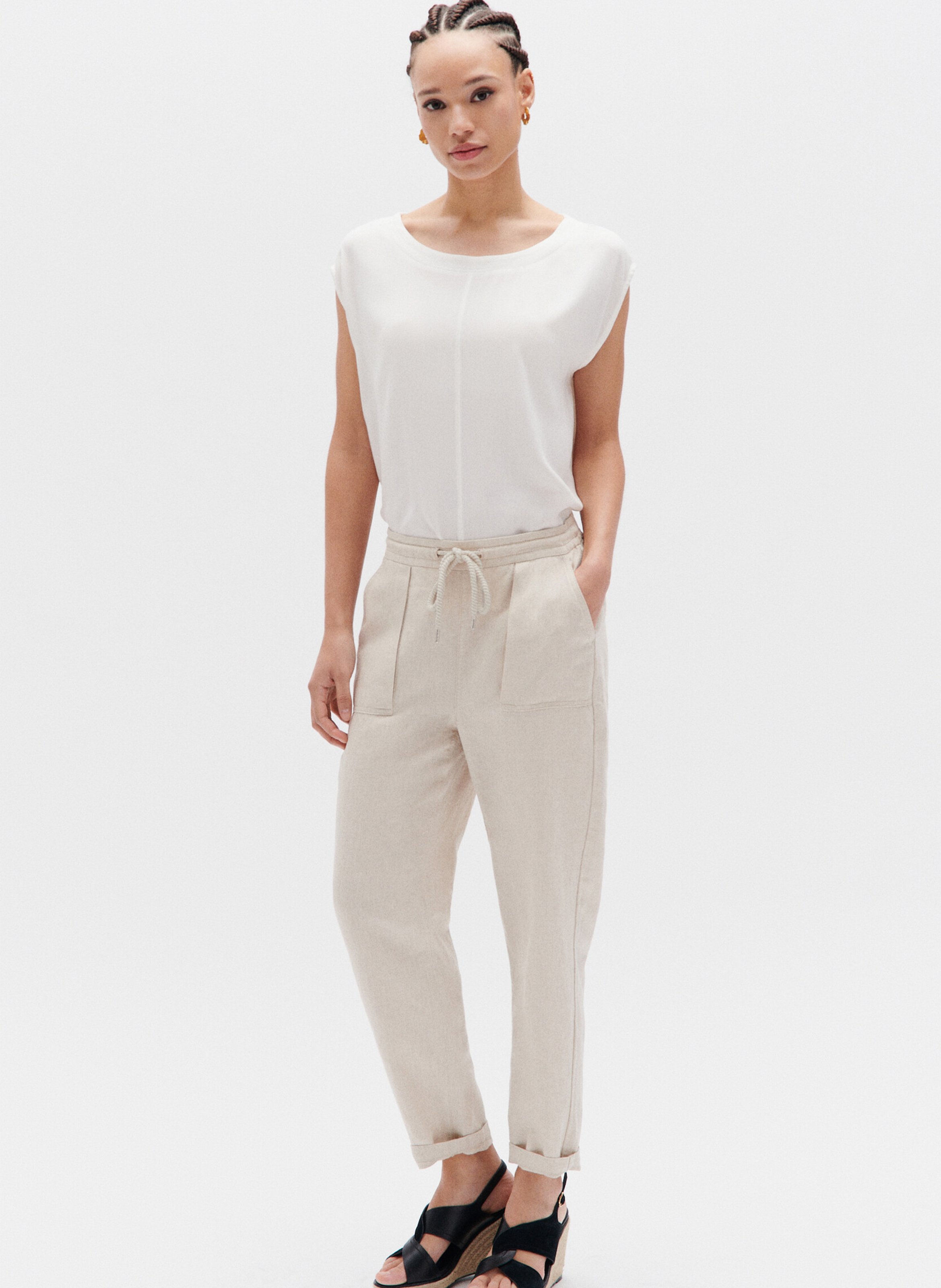 Straight-leg cotton and linen pants CAROLL Beige