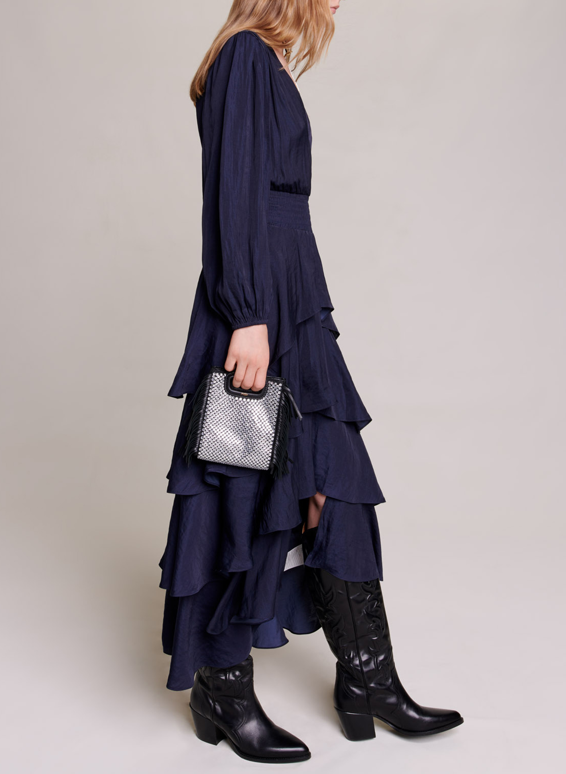 Long ruffled V-neck dress MAJE Blue