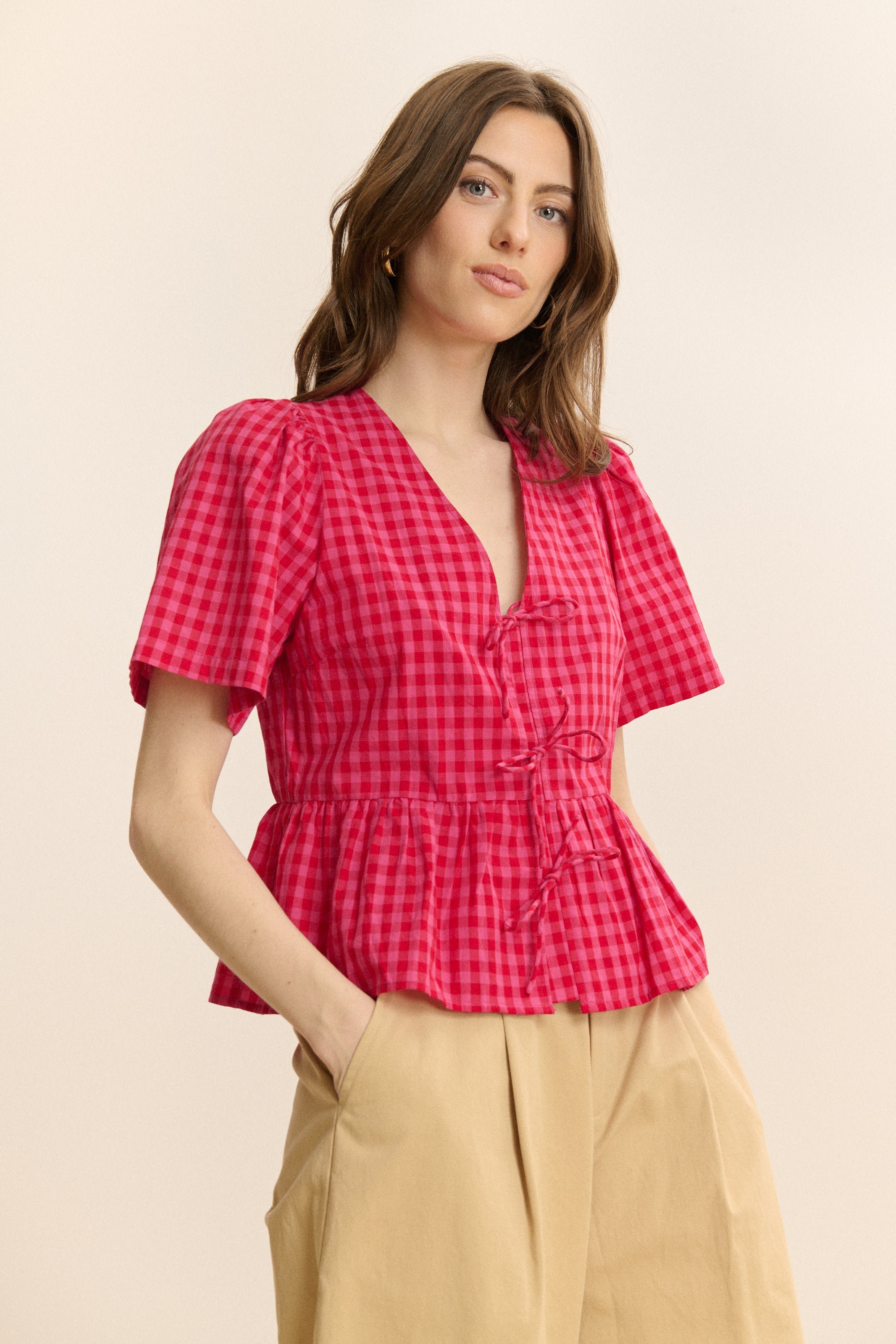 Short-sleeve checkered blouse GARANCE PARIS Pink