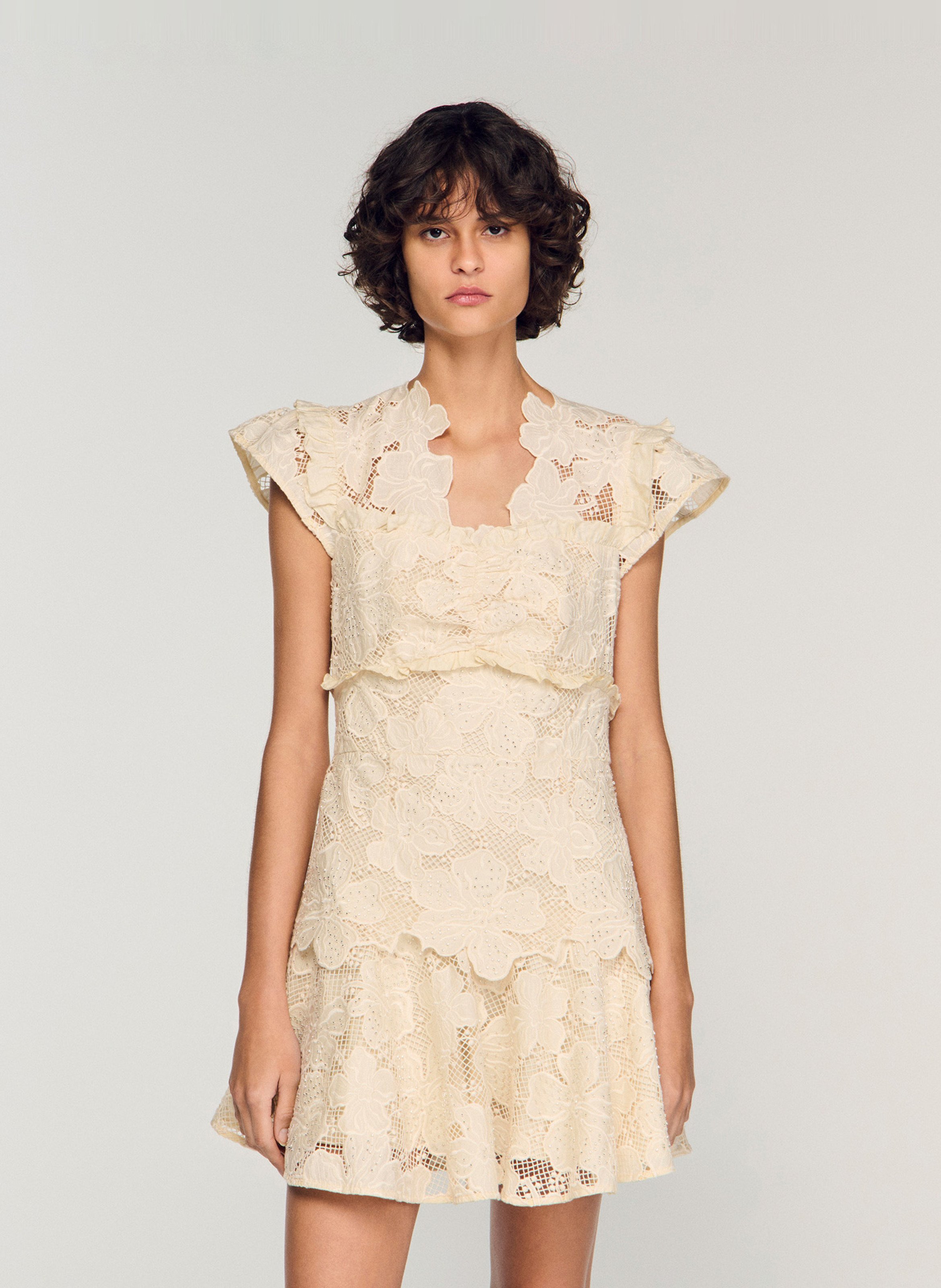 Robe courte en guipure évasée SANDRO Beige