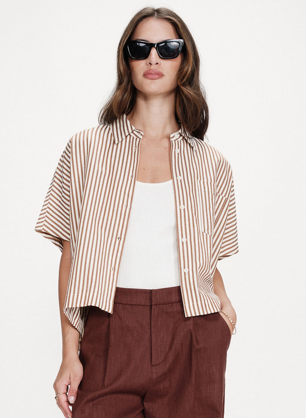 Chemise col classique en coton mélangé GRACE ET MILA Marron