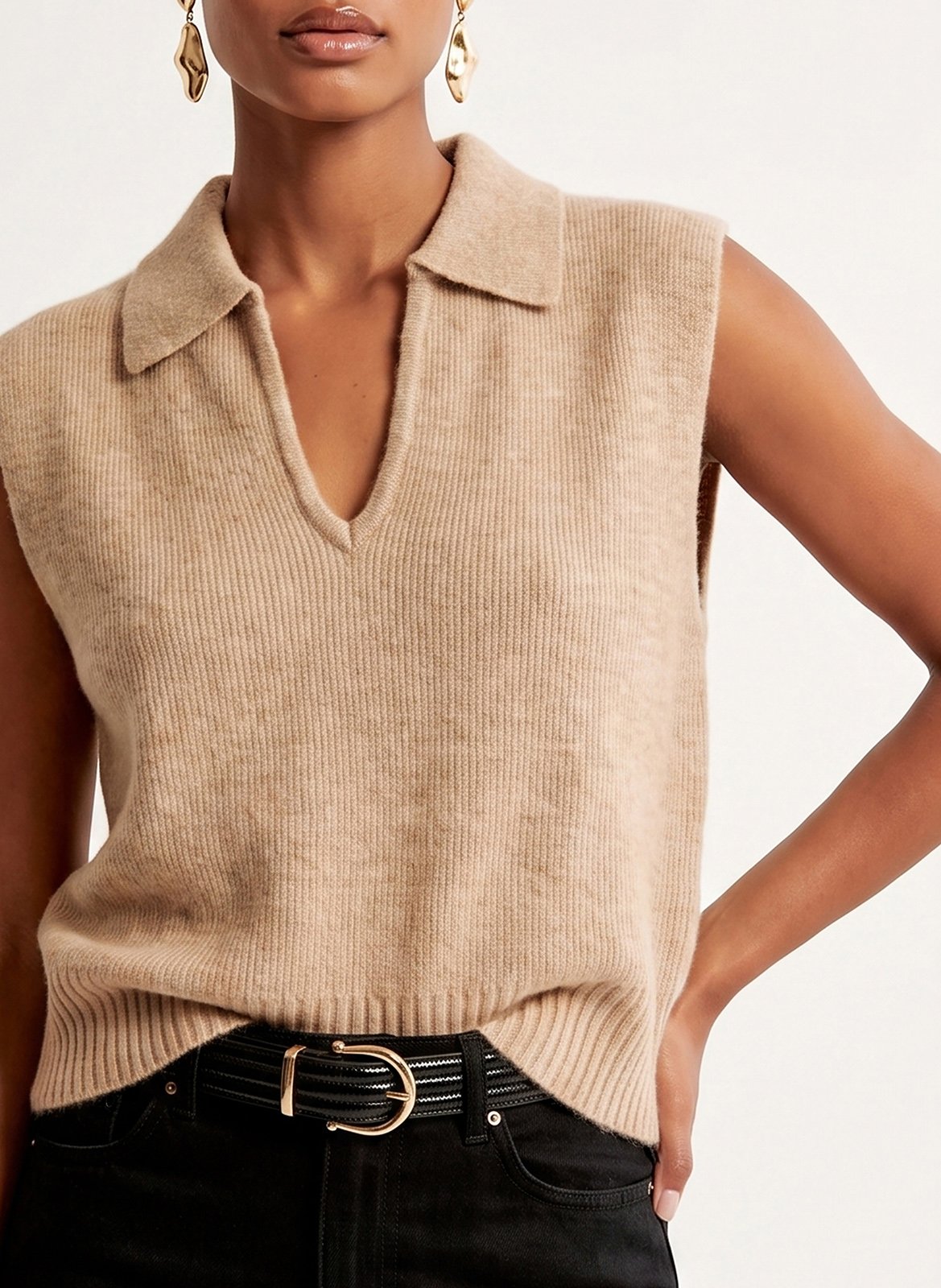 Plain V-neck sleeveless sweater KOOKAI Beige