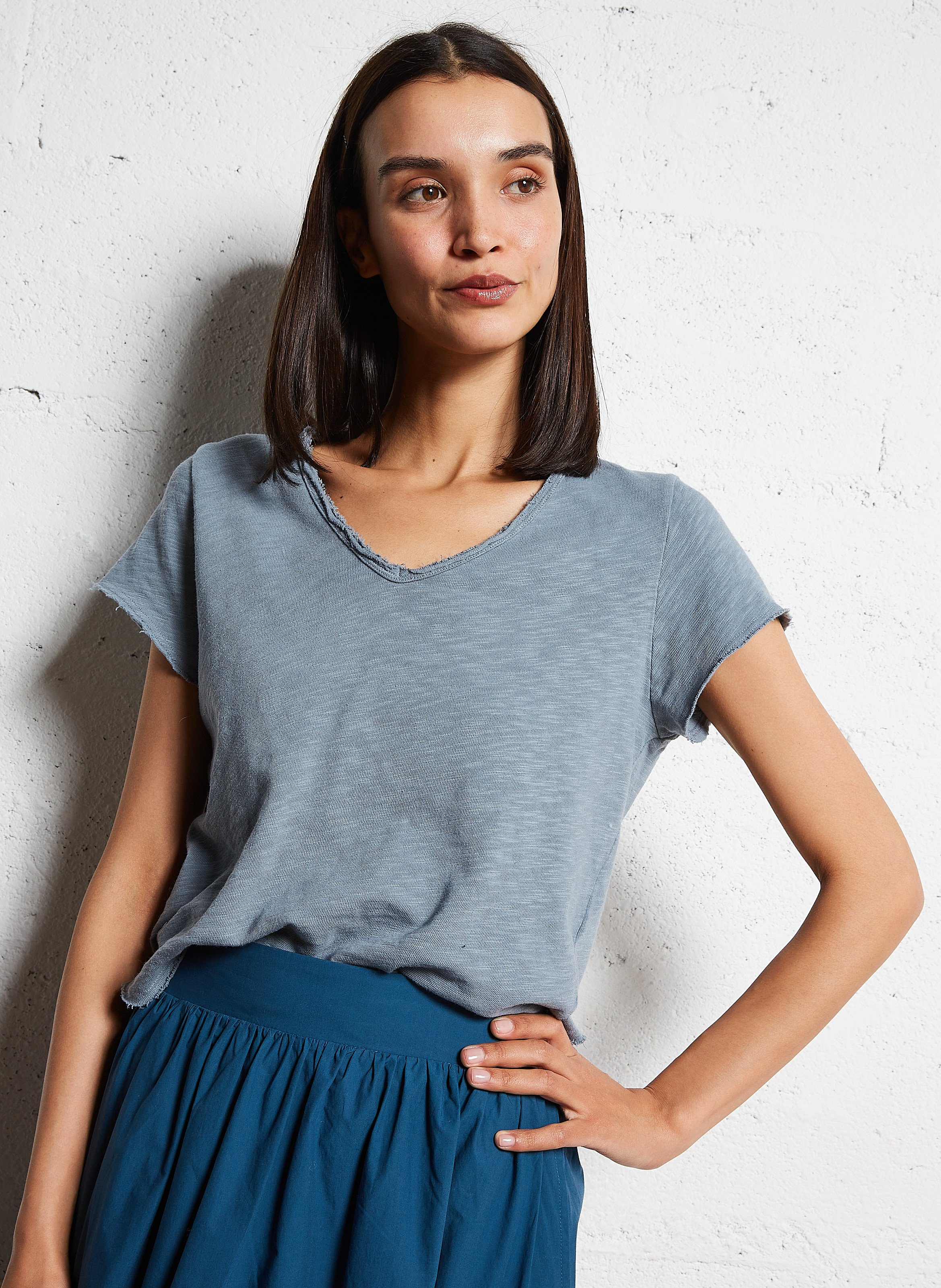 Tee-shirt droit col V en coton AMERICAN VINTAGE Gris