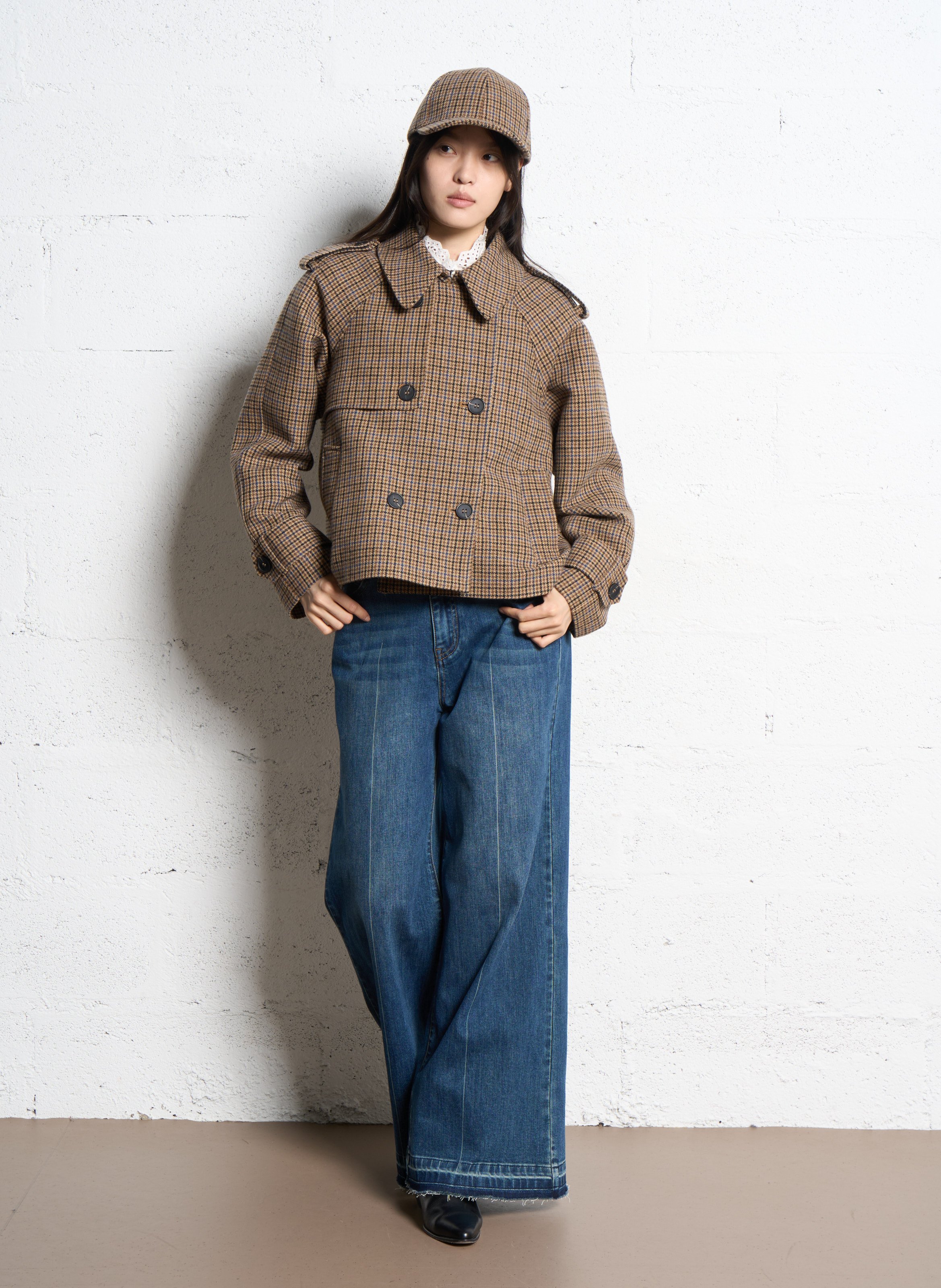 Manteau court boutonné à motifs SUNCOO Beige