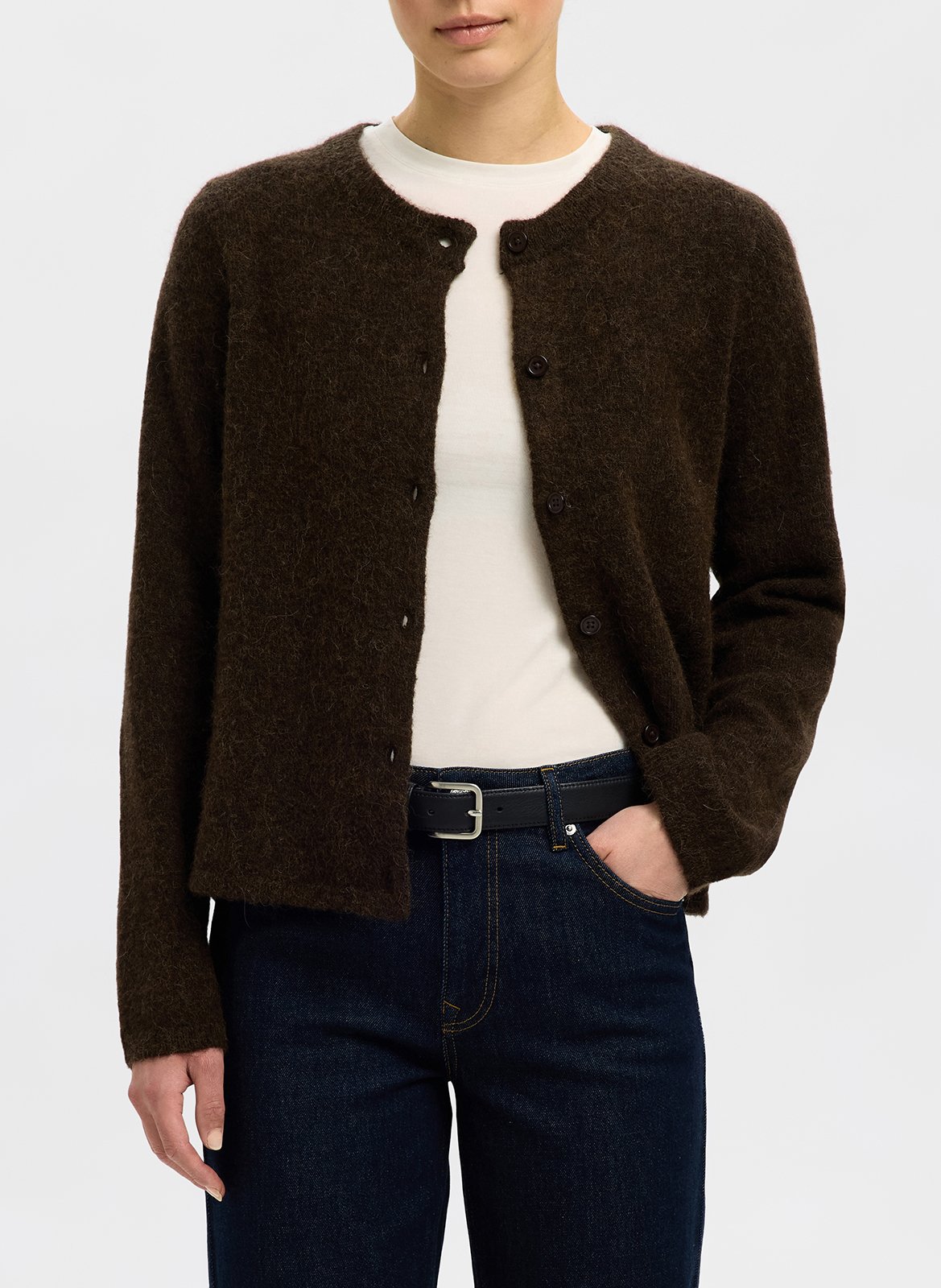 Gilet col rond en laine mélangée SELECTED Marron