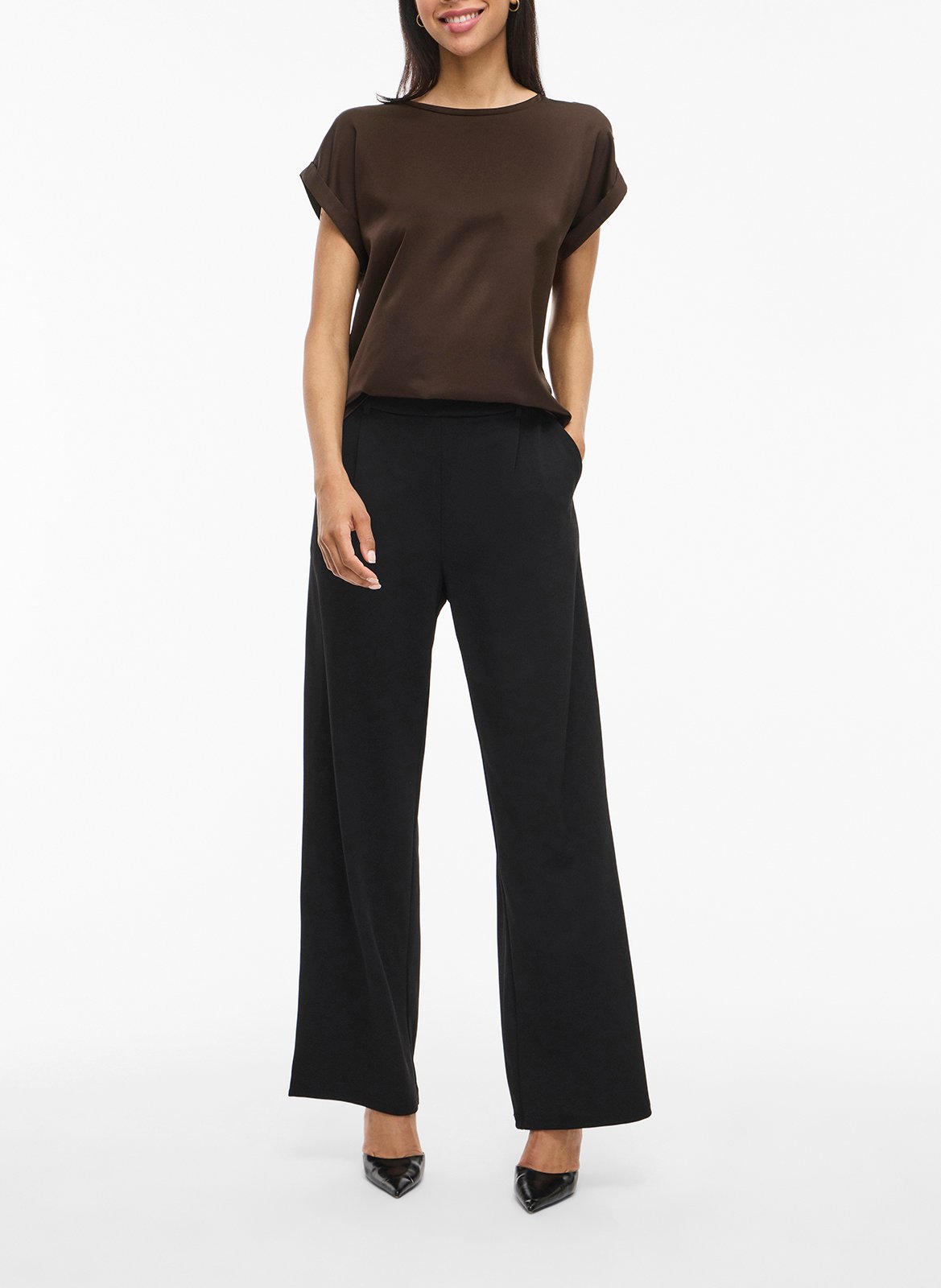 Fluid round-neck recycled polyester top VILA Brown