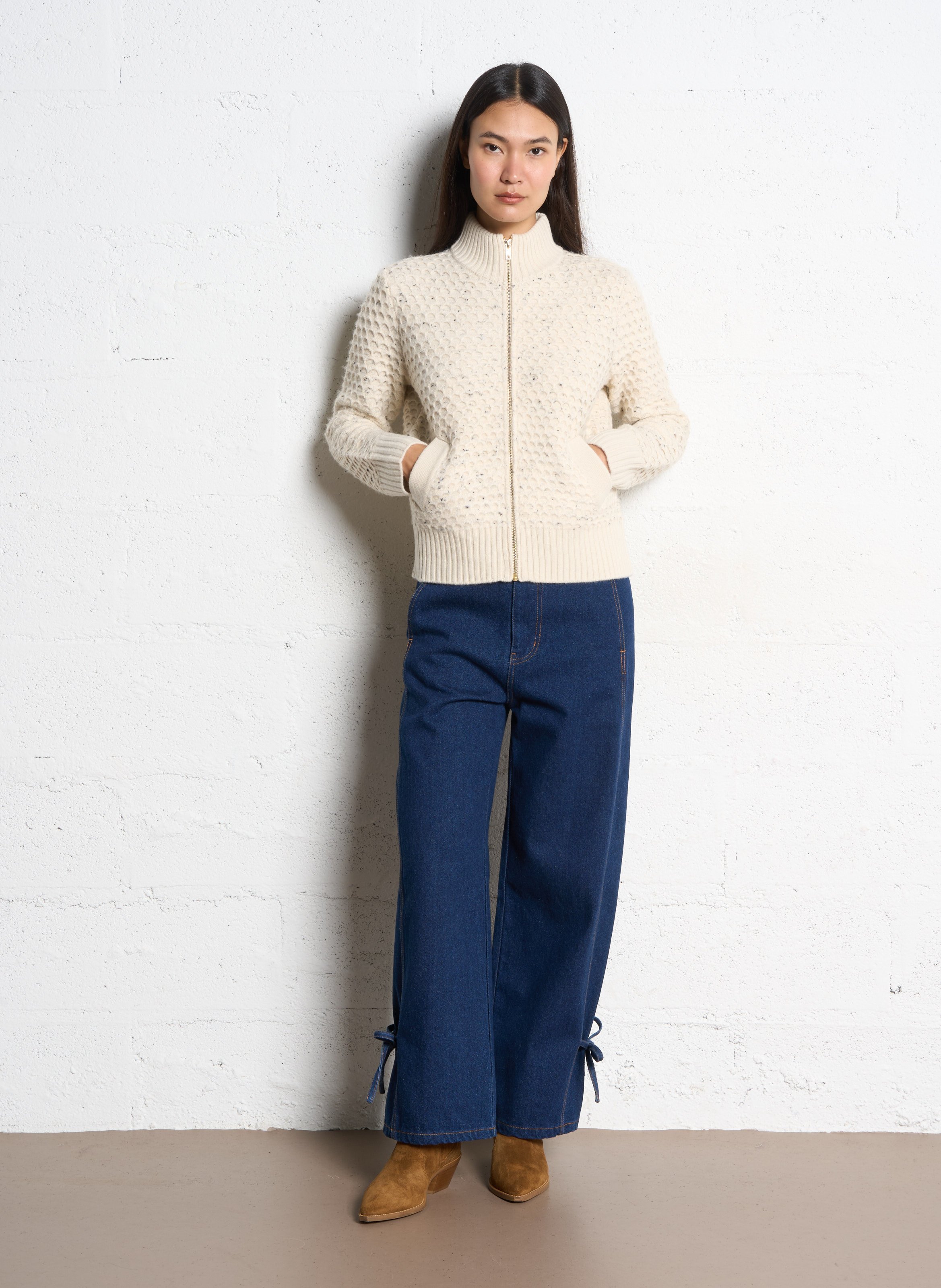 Straight jacket with high collar in knit MAISON 123 Beige