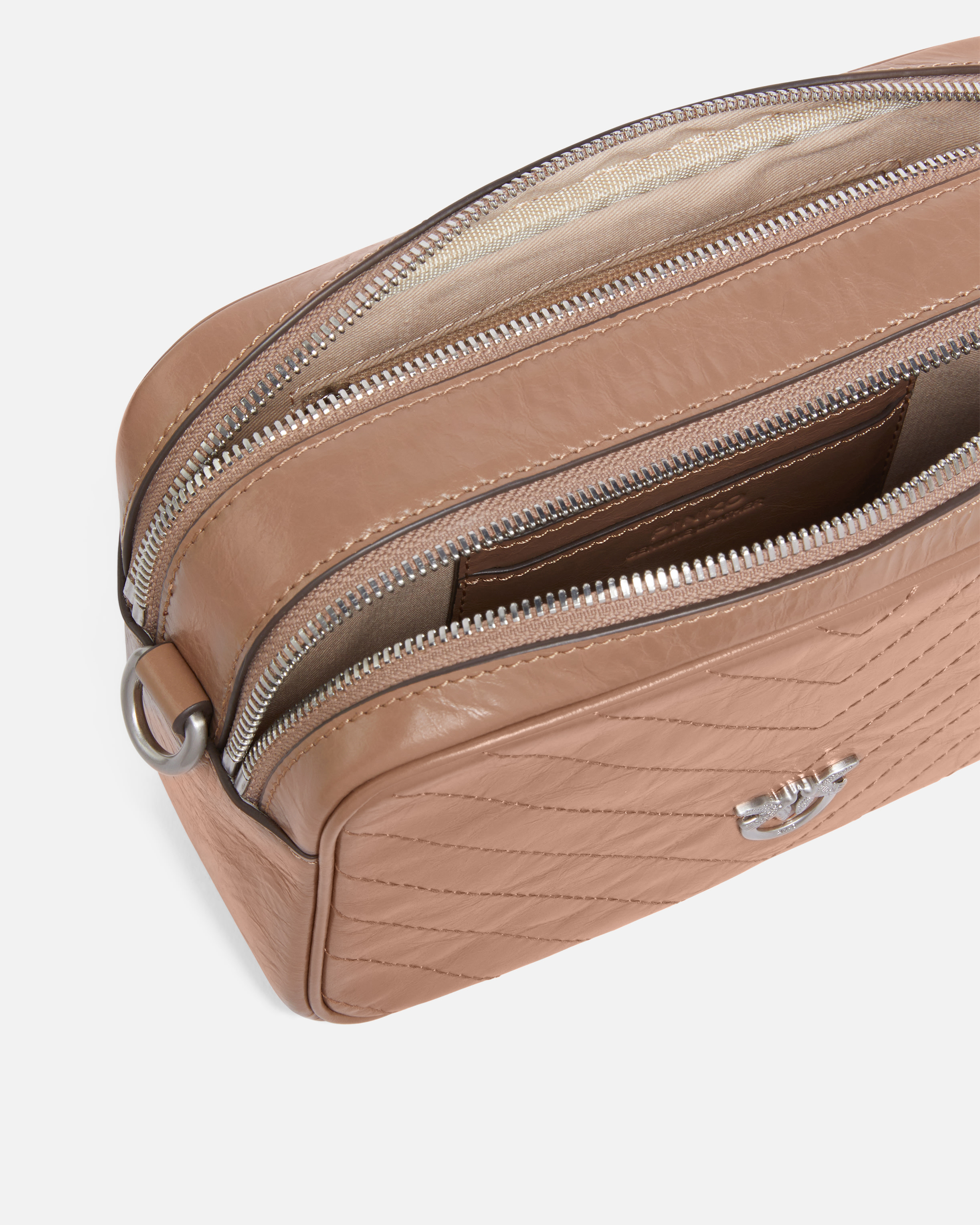 Medium Chevron Leather Camera Crossbody Bag PINKO Beige