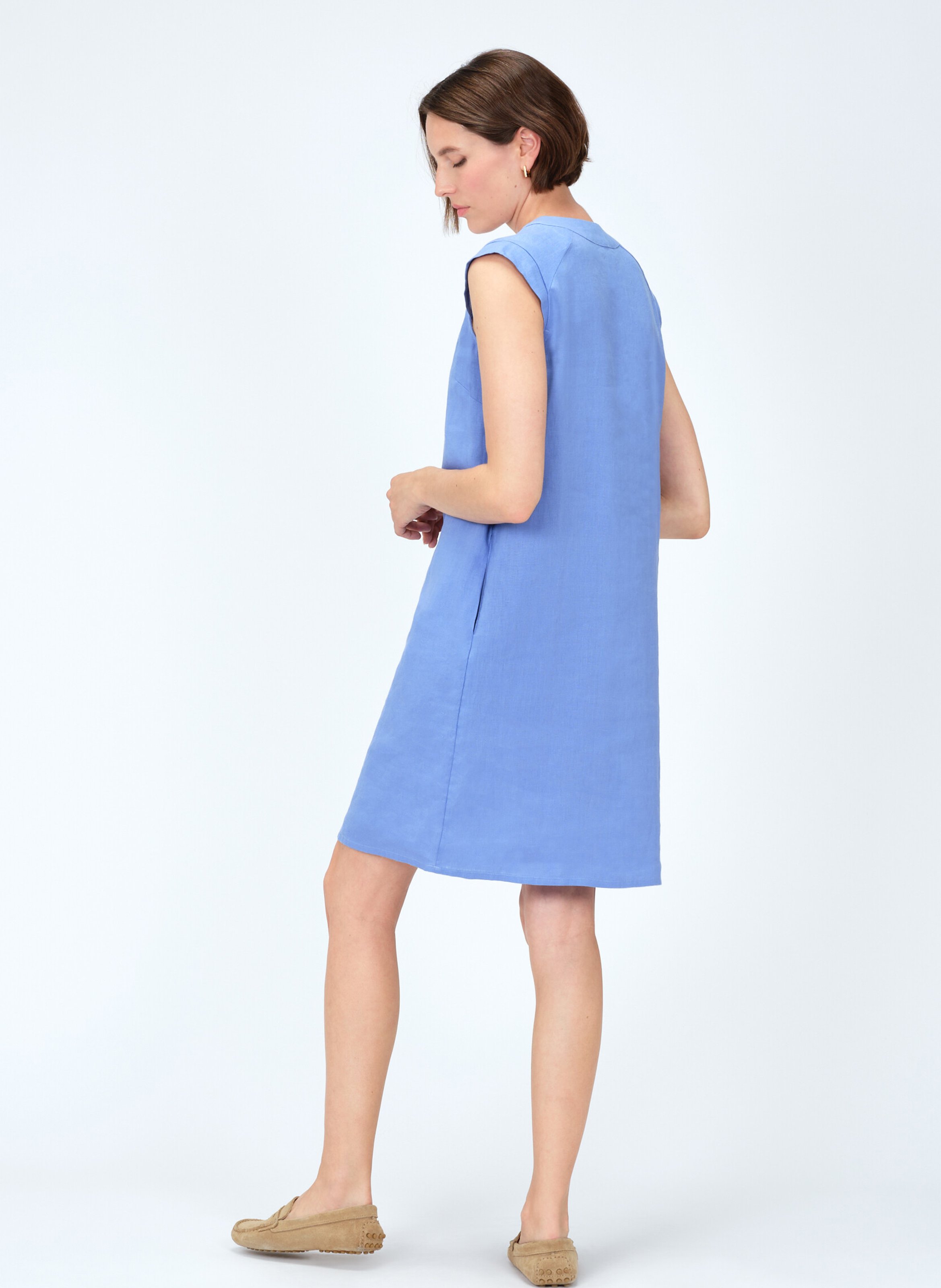 Robe courte col v en lin CAROLL Bleu