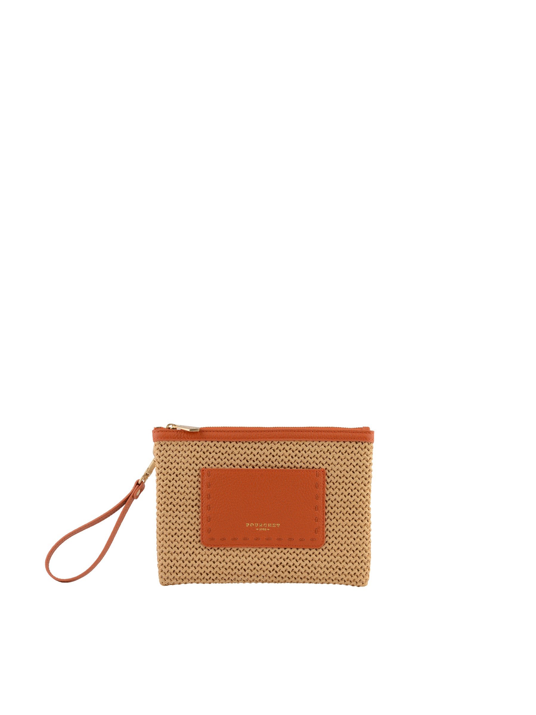 Straw clutch with leather trim POURCHET Orange