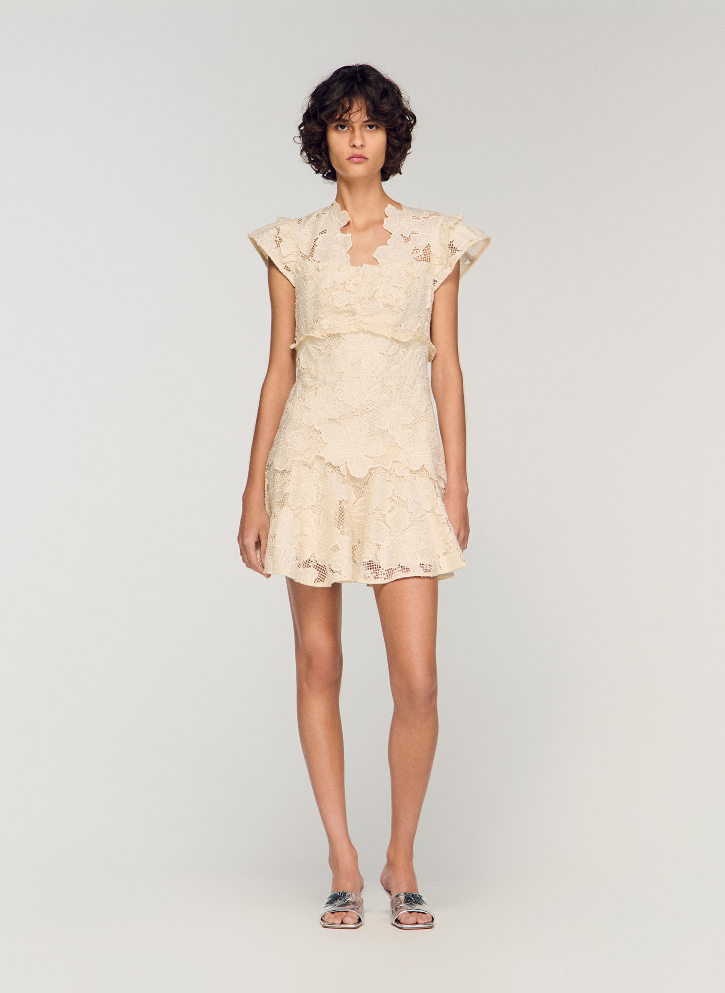 Robe courte en guipure évasée SANDRO Beige