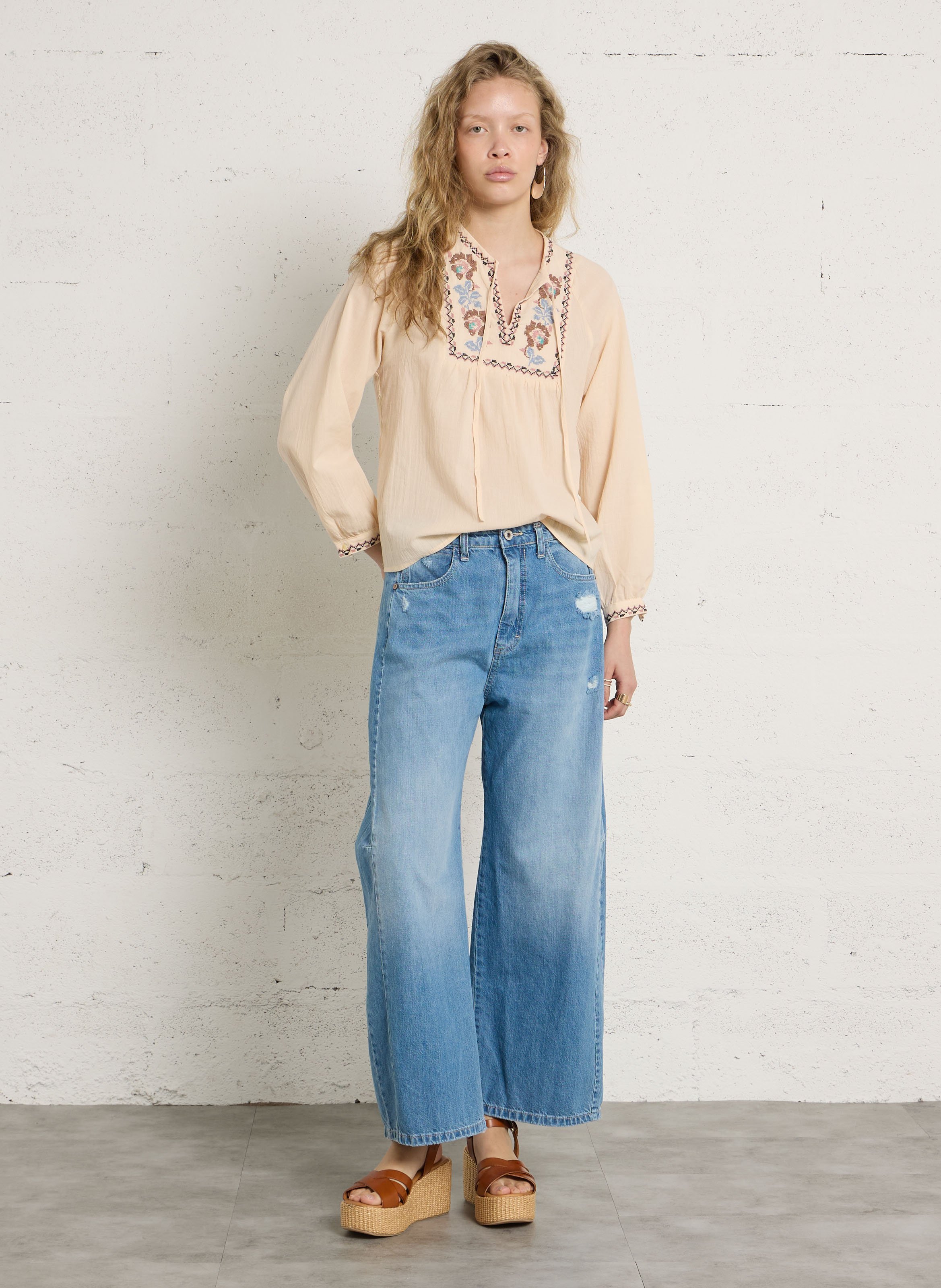 Blouse col tunisien à motifs brodés THE KORNER Blanc