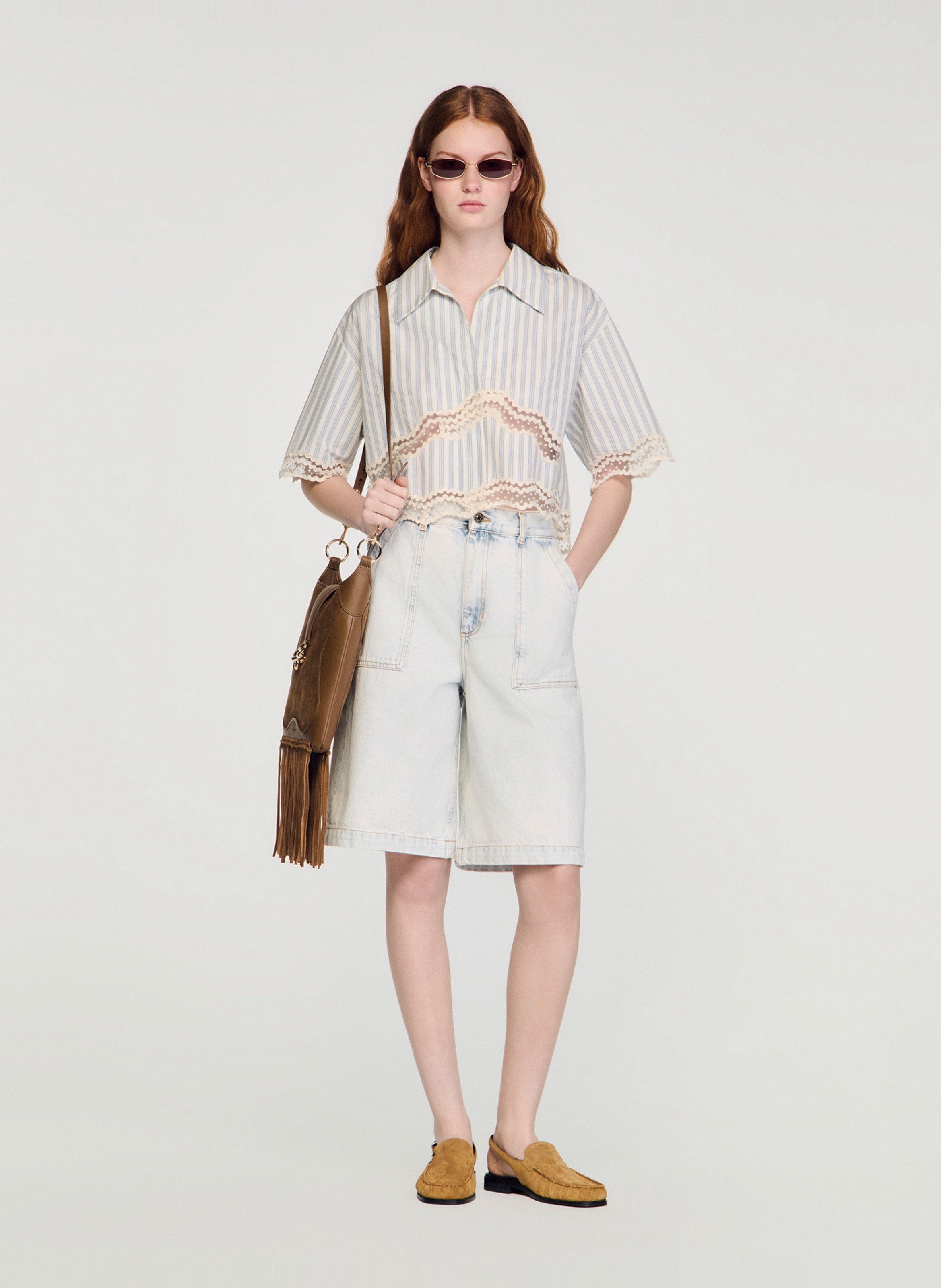 Chemise oversize col classique en coton rayé SANDRO Beige