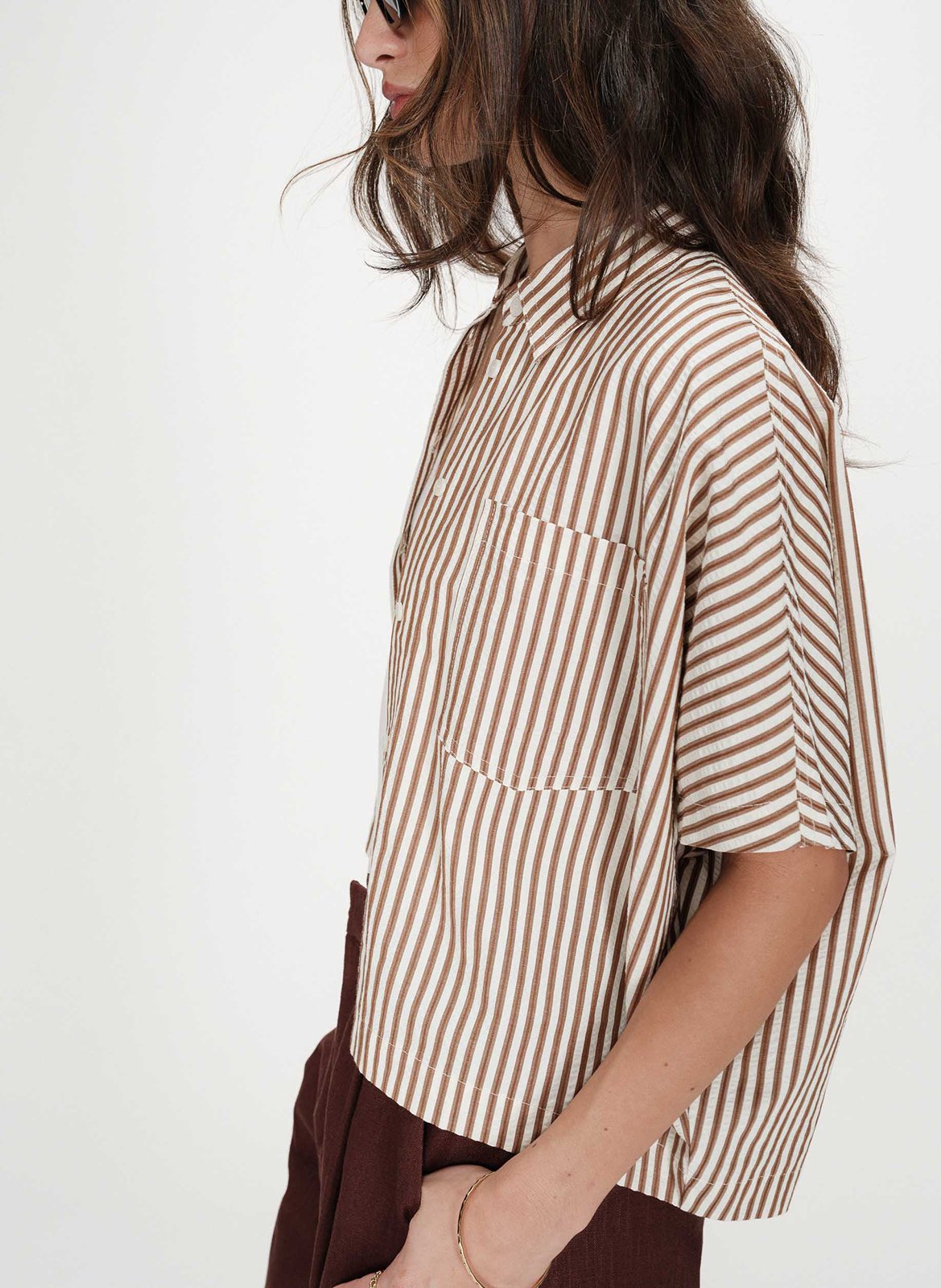 Chemise col classique en coton mélangé GRACE ET MILA Marron