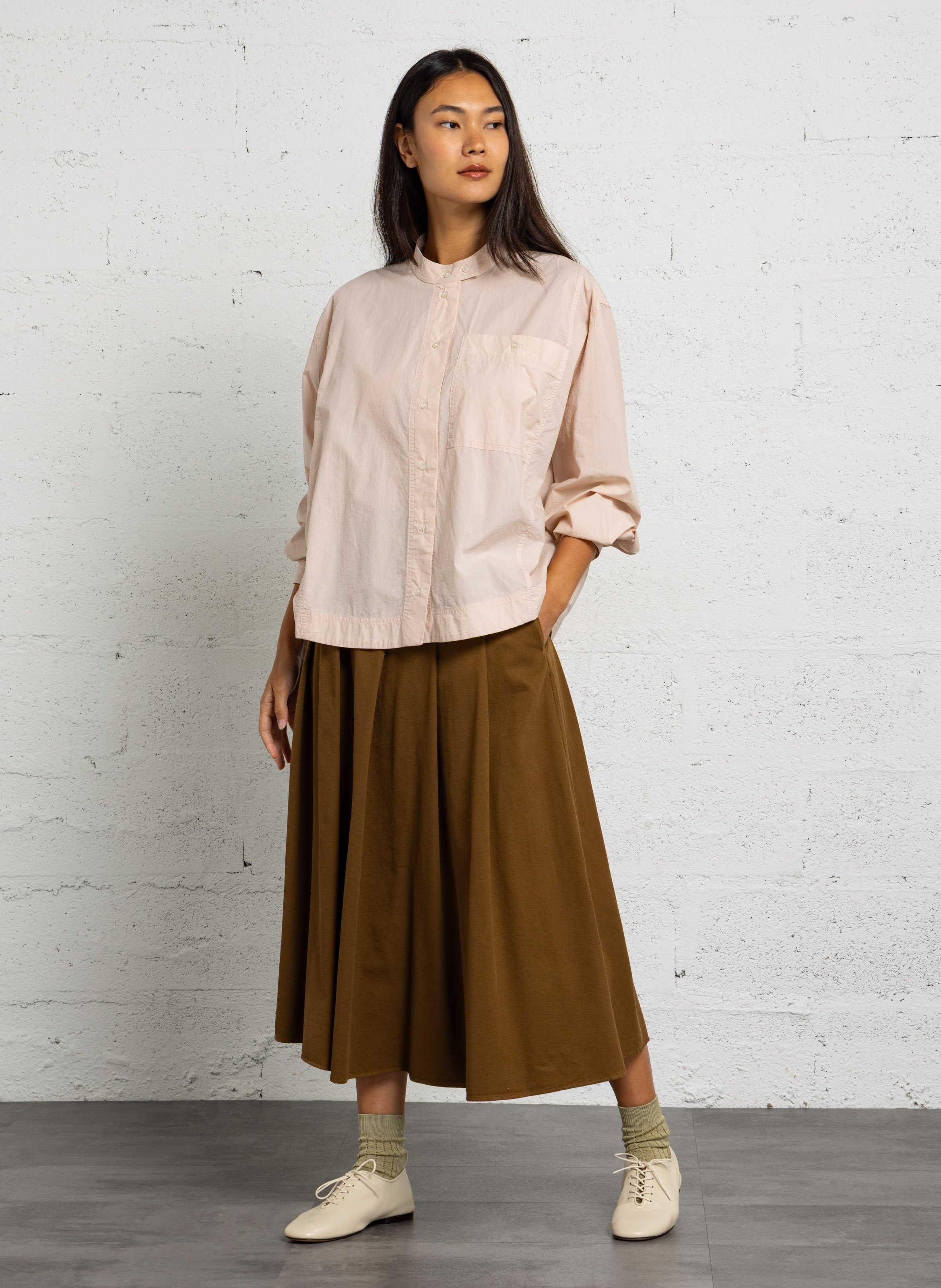 Pleated midi skirt in cotton and wool POMANDERE Brown