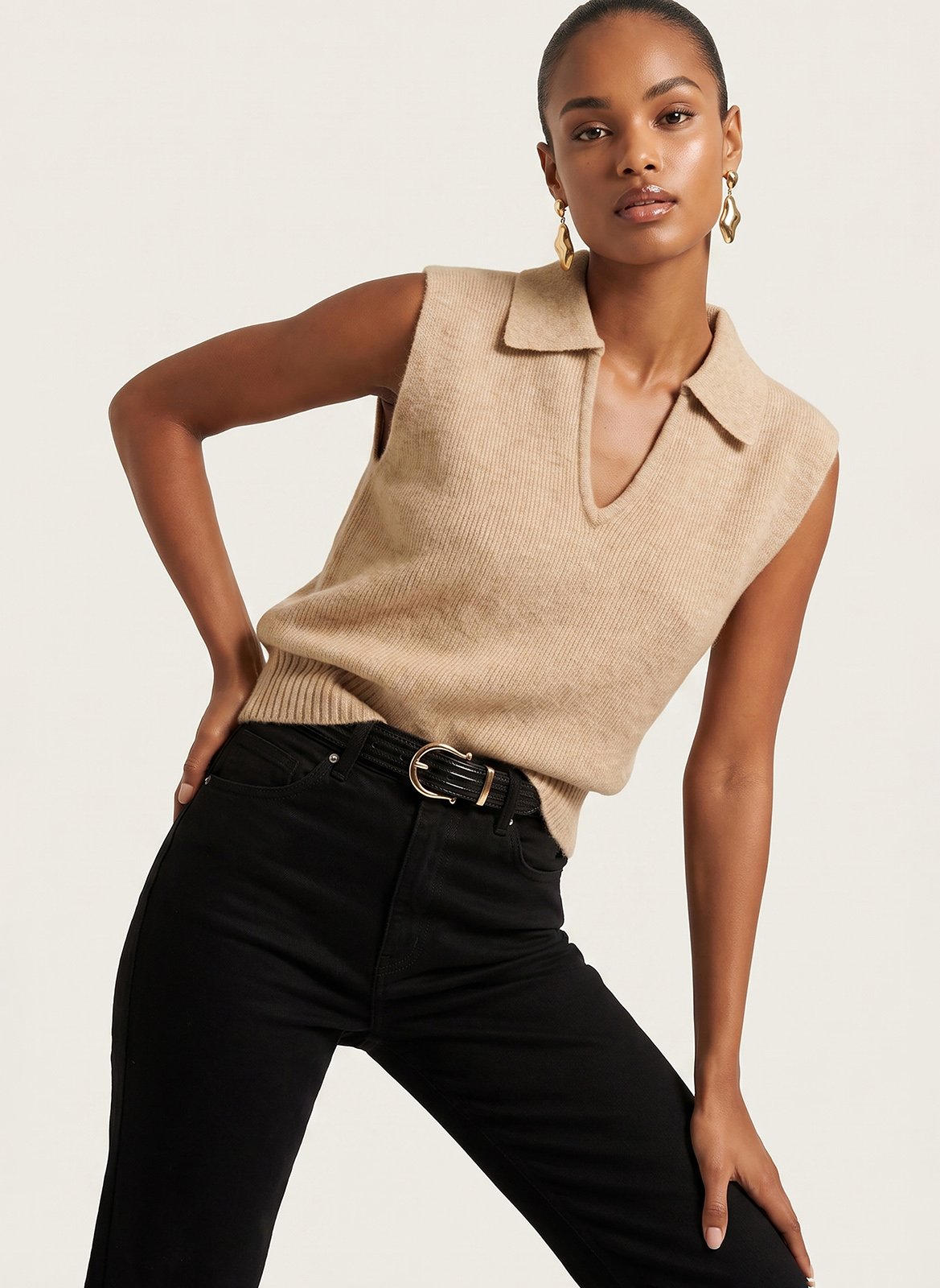 Plain V-neck sleeveless sweater KOOKAI Beige