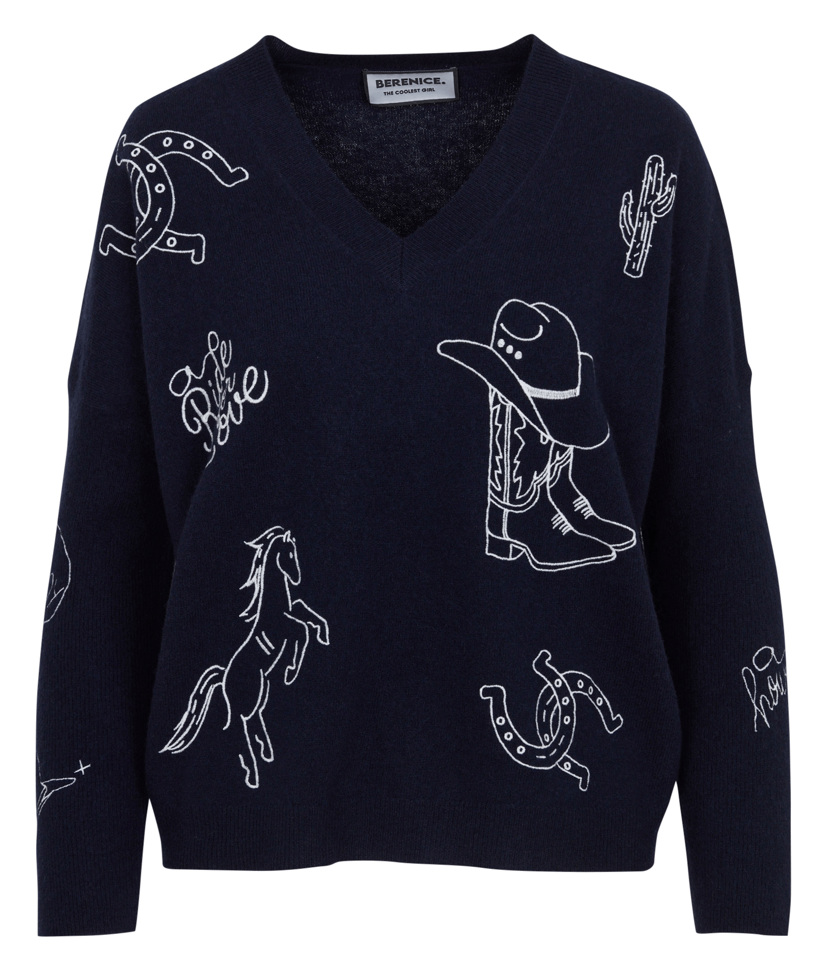 Weiter Pullover mit V-Ausschnitt aus bestickter Wolle BERENICE Blau