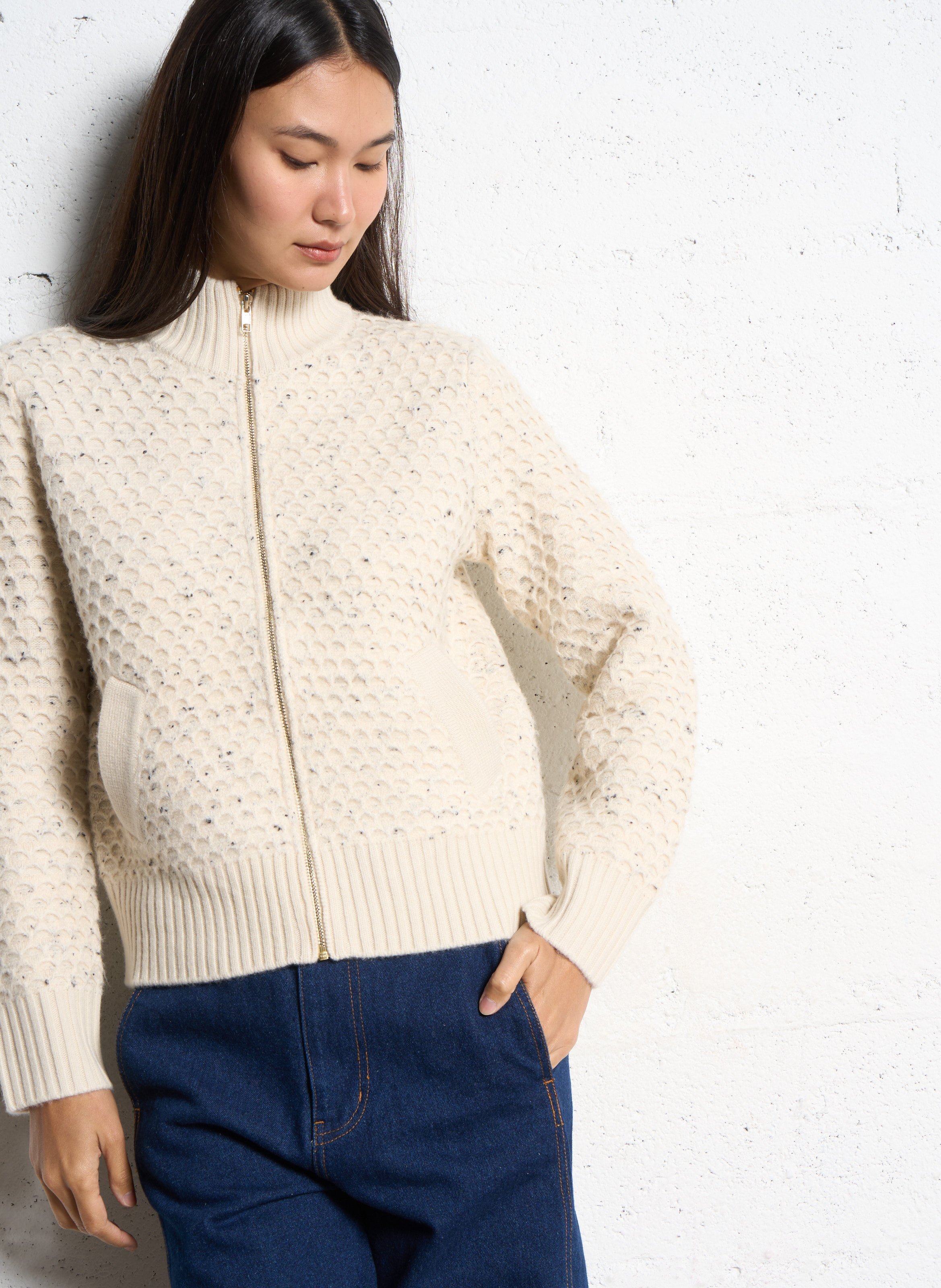 Straight jacket with high collar in knit MAISON 123 Beige