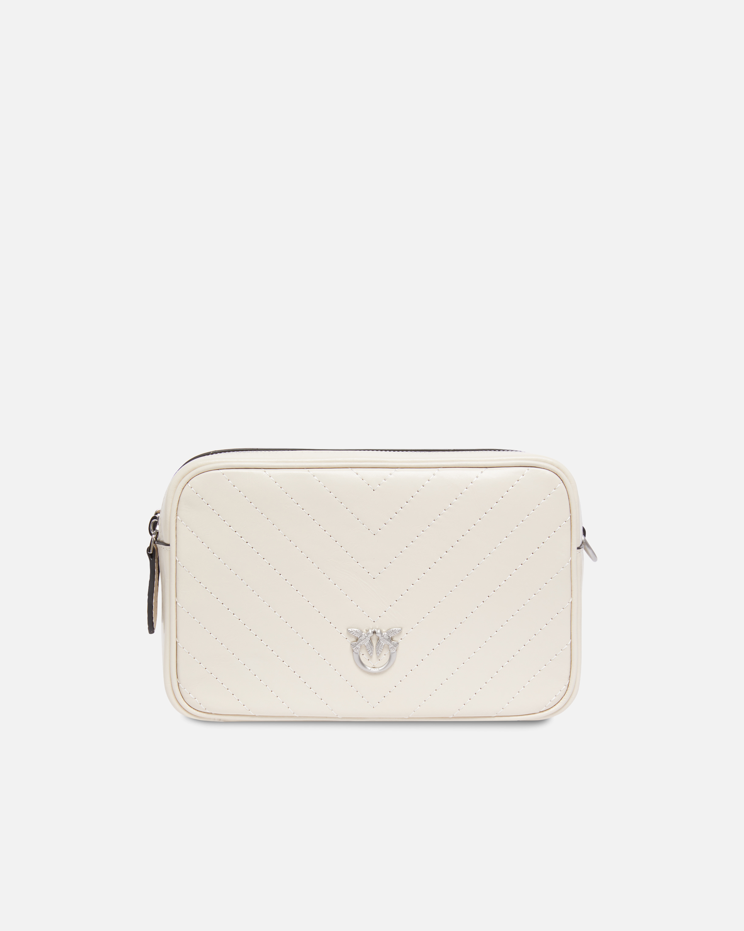 Medium Chevron Leather Camera Crossbody Bag PINKO White