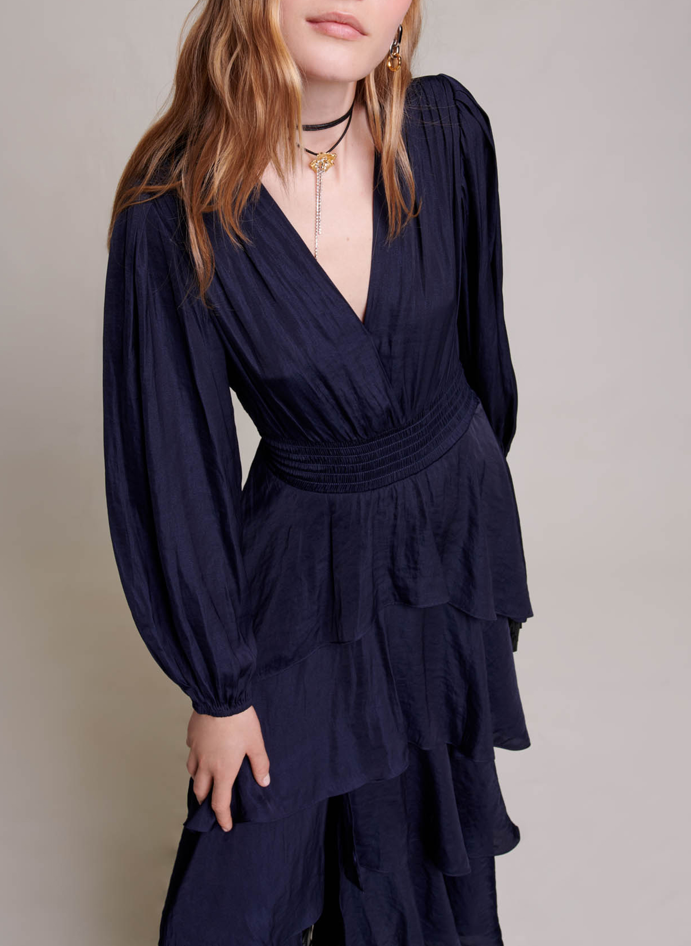 Long ruffled V-neck dress MAJE Blue