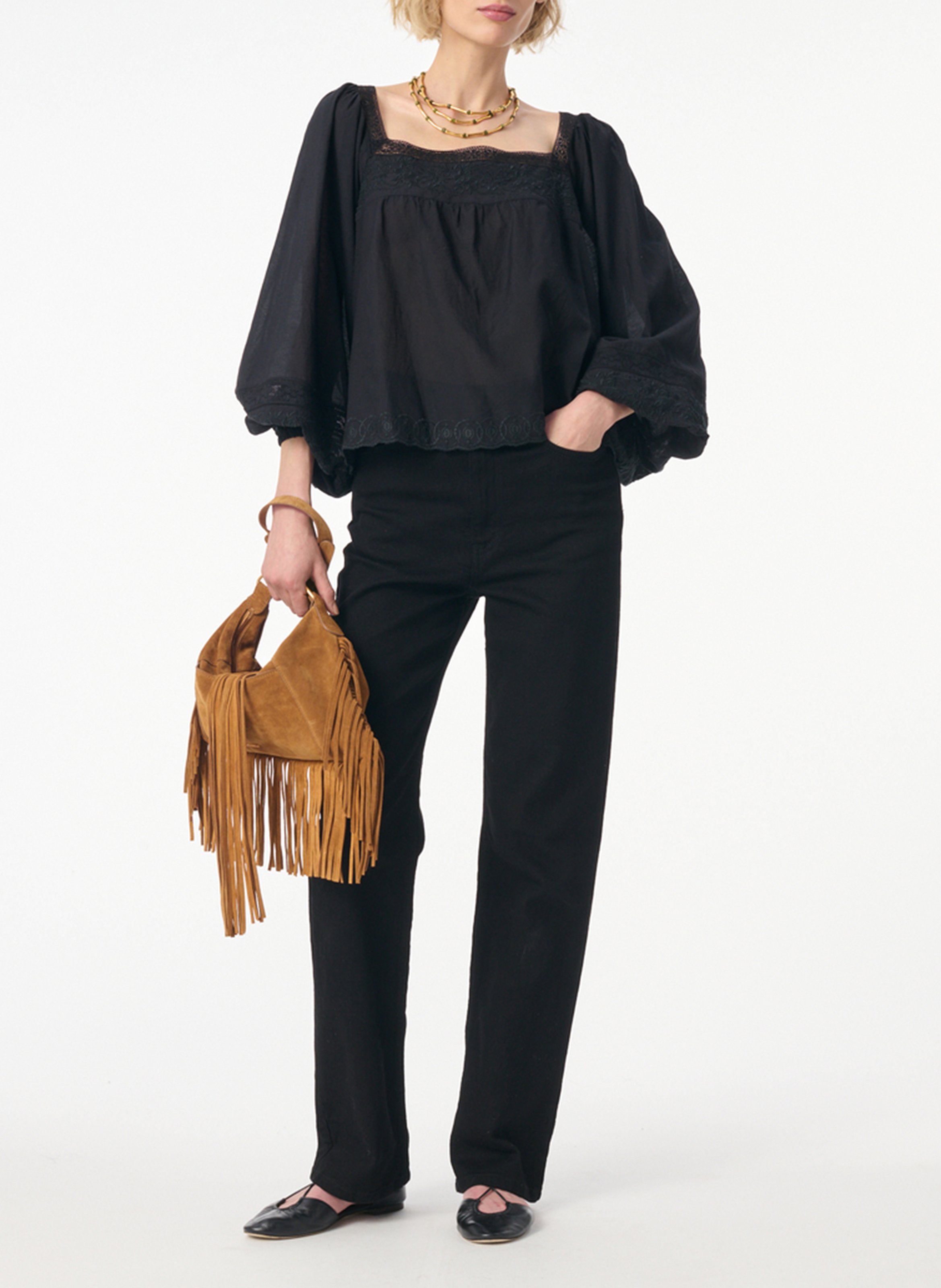 Weites Oberteil mit quadratischem Ausschnitt und Stickerei. VANESSA BRUNO Schwarz