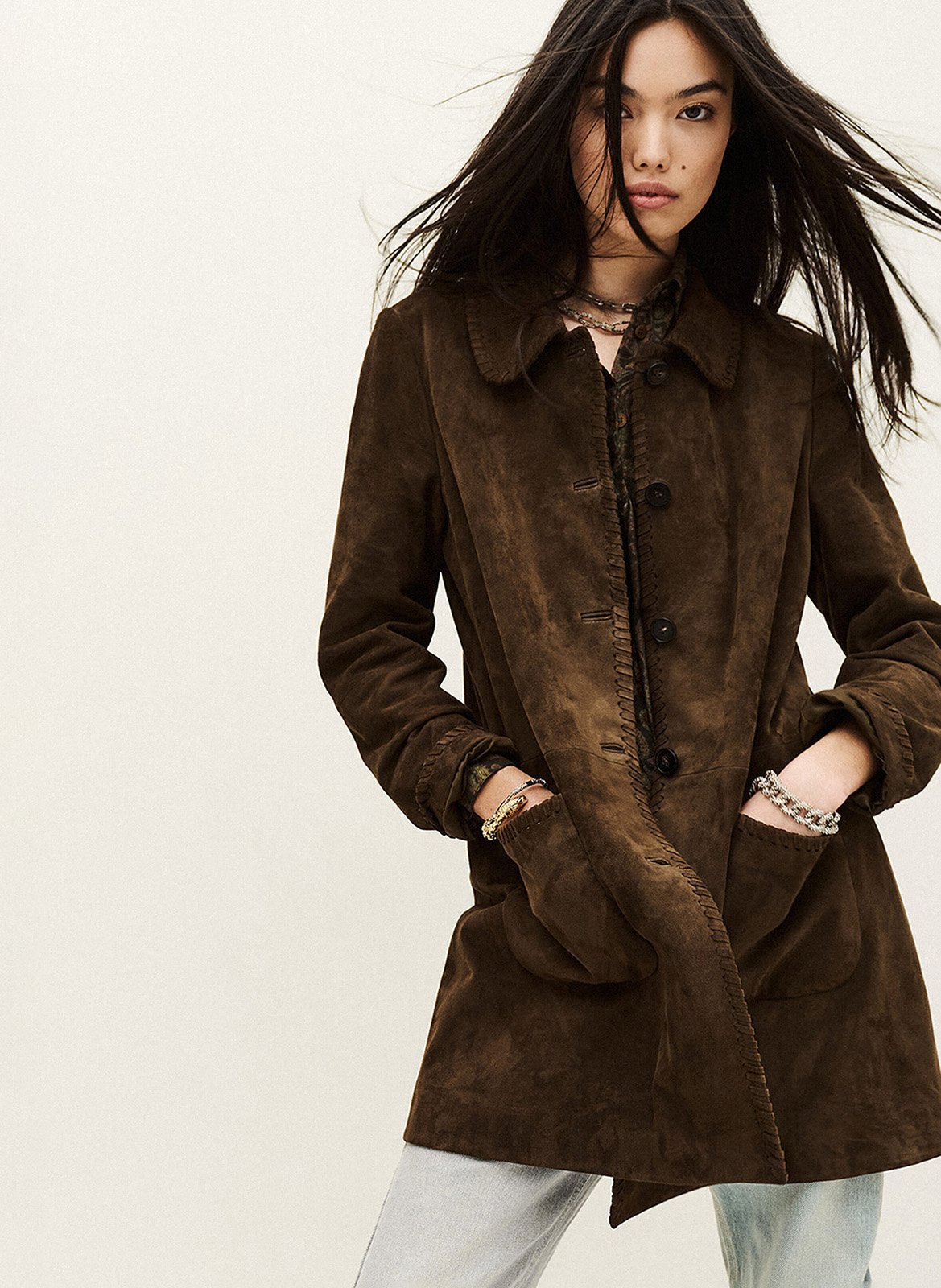 Manteau col classique en cuir BA&SH Marron