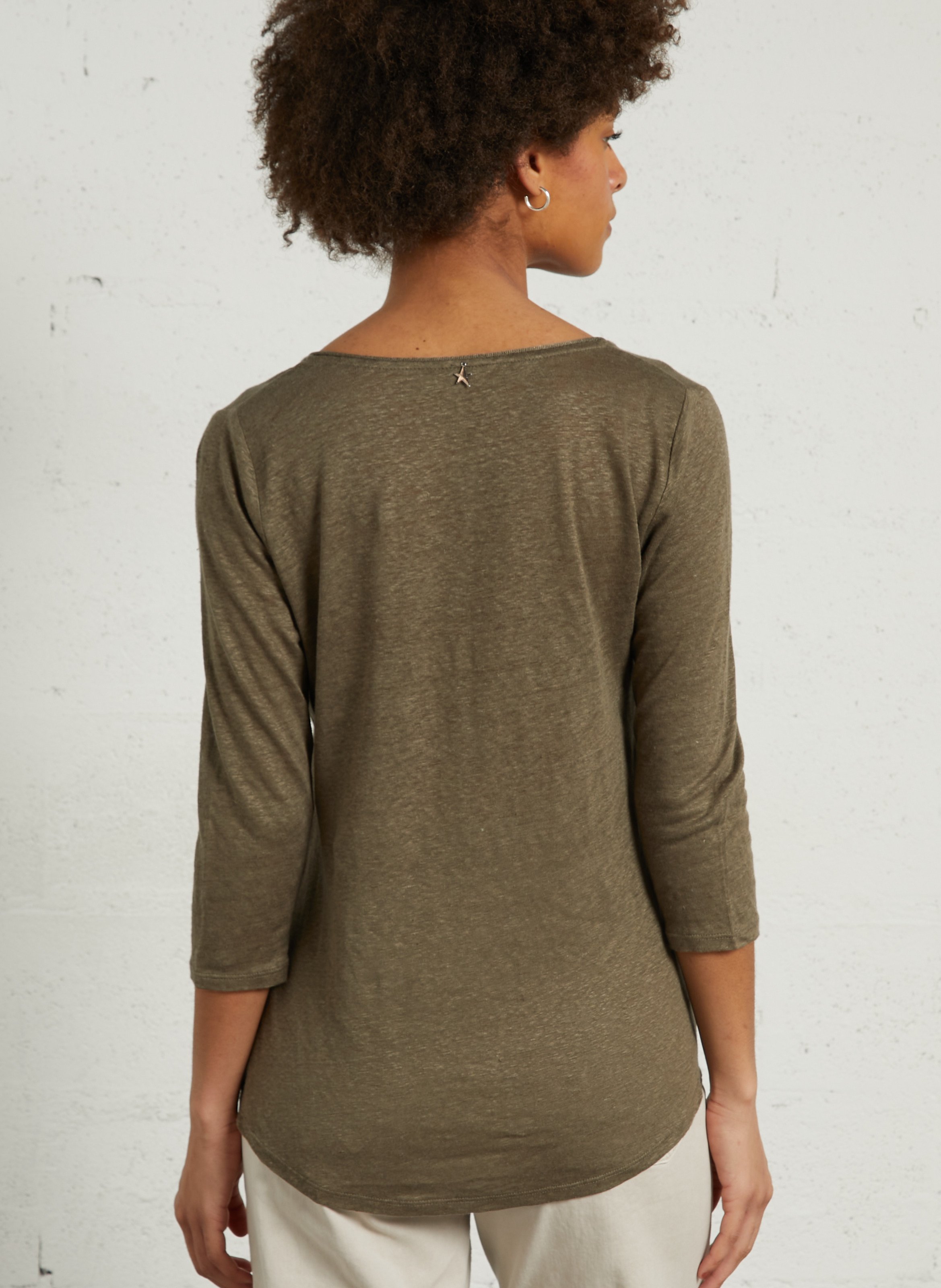 Tee-shirt col V chiné en lin  SUD EXPRESS Vert