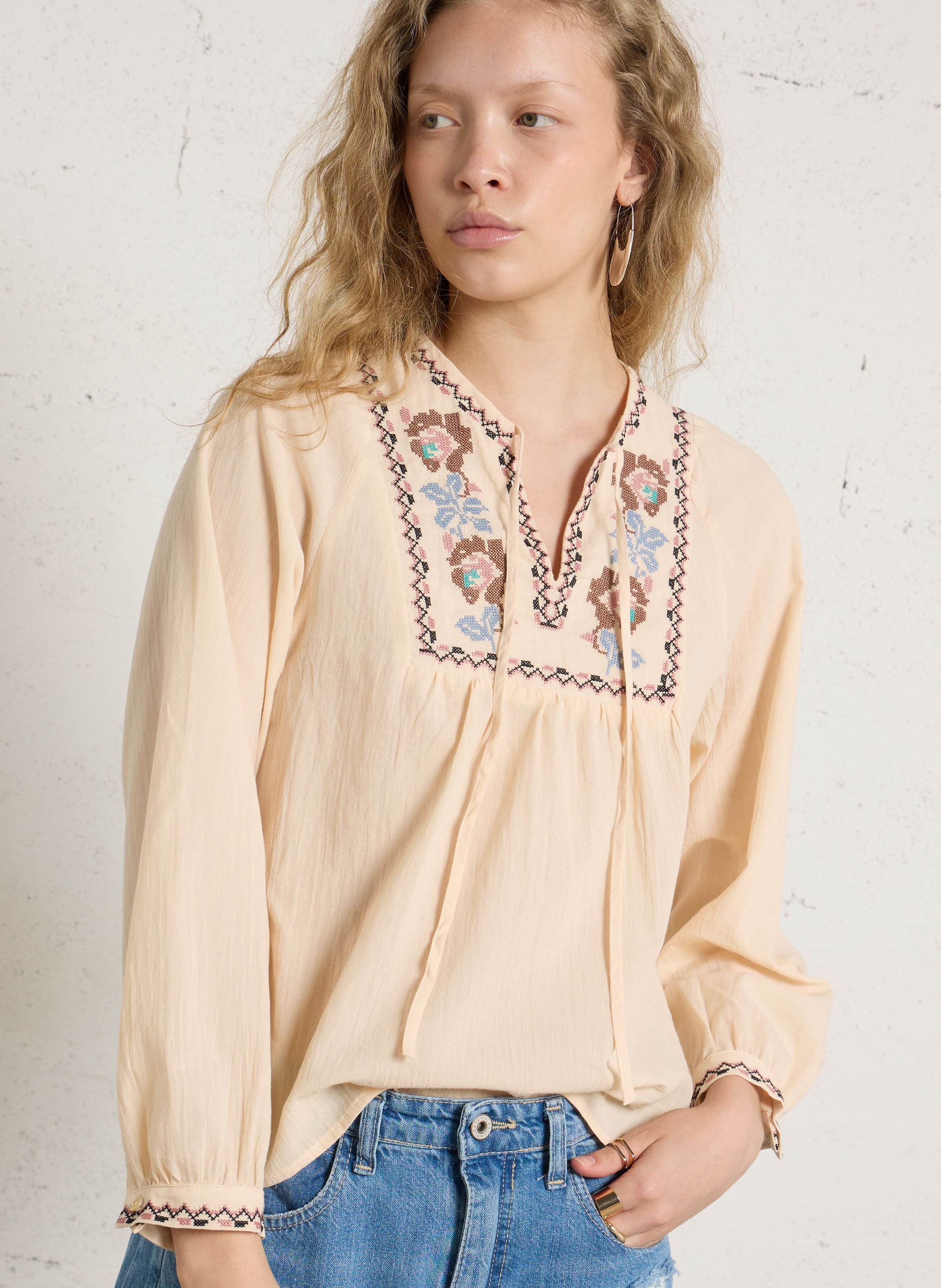 Blouse col tunisien à motifs brodés THE KORNER Blanc