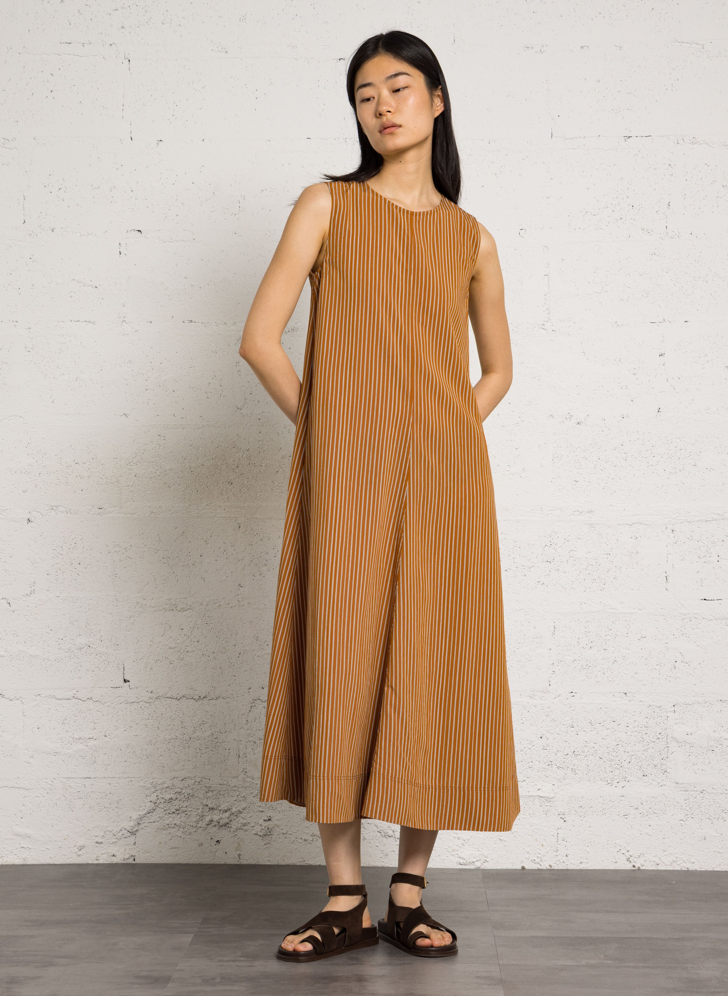 Robe longue col rond à rayures POMANDERE Orange