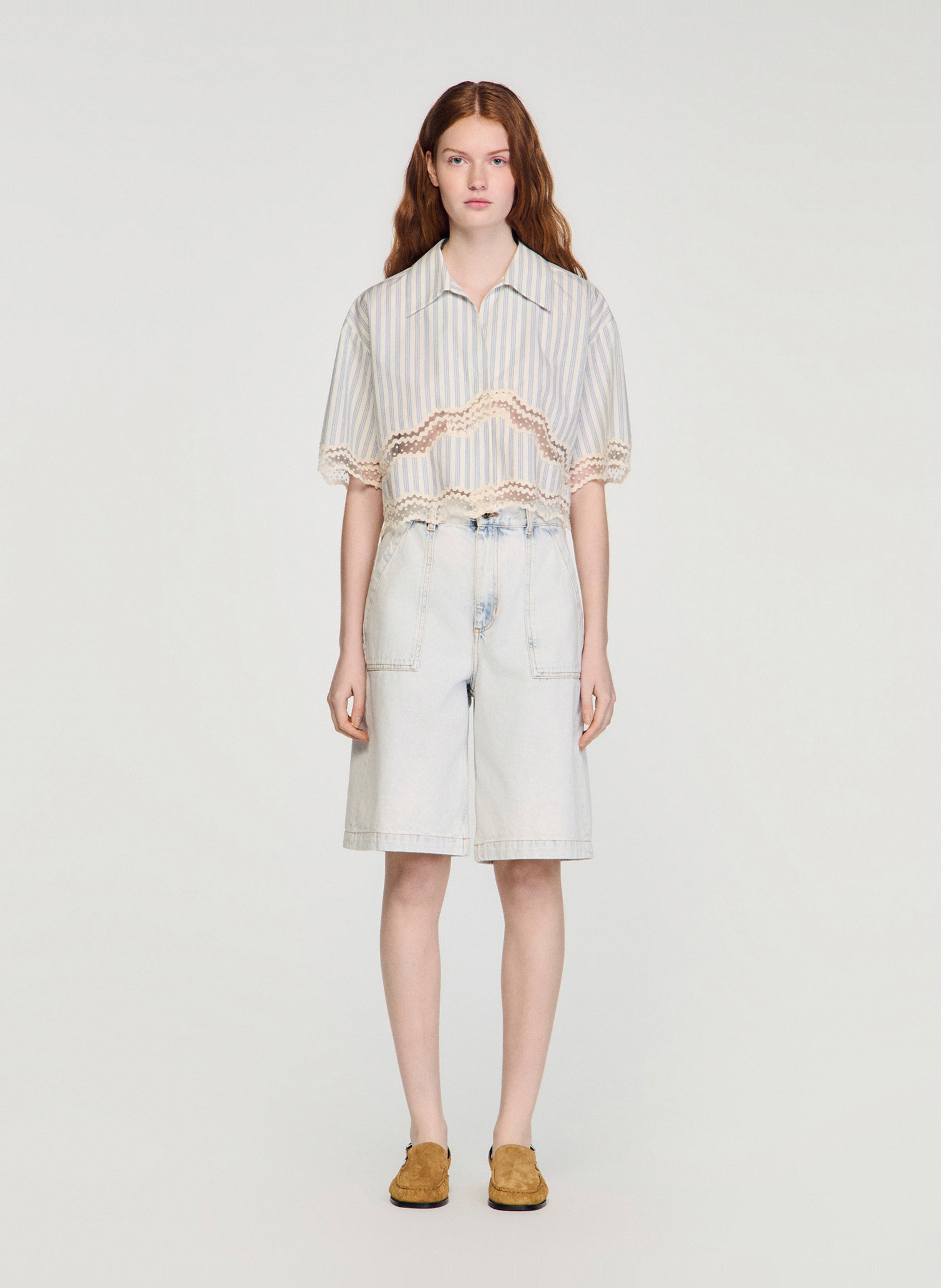 Chemise oversize col classique en coton rayé SANDRO Beige