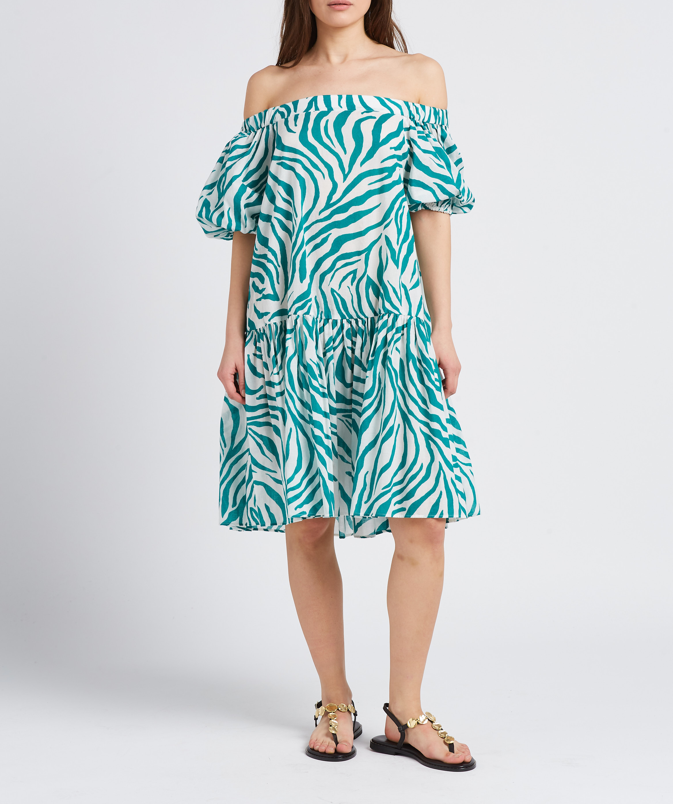 Short printed cotton dress with Bardot neckline MAX MARA LEISURE Green