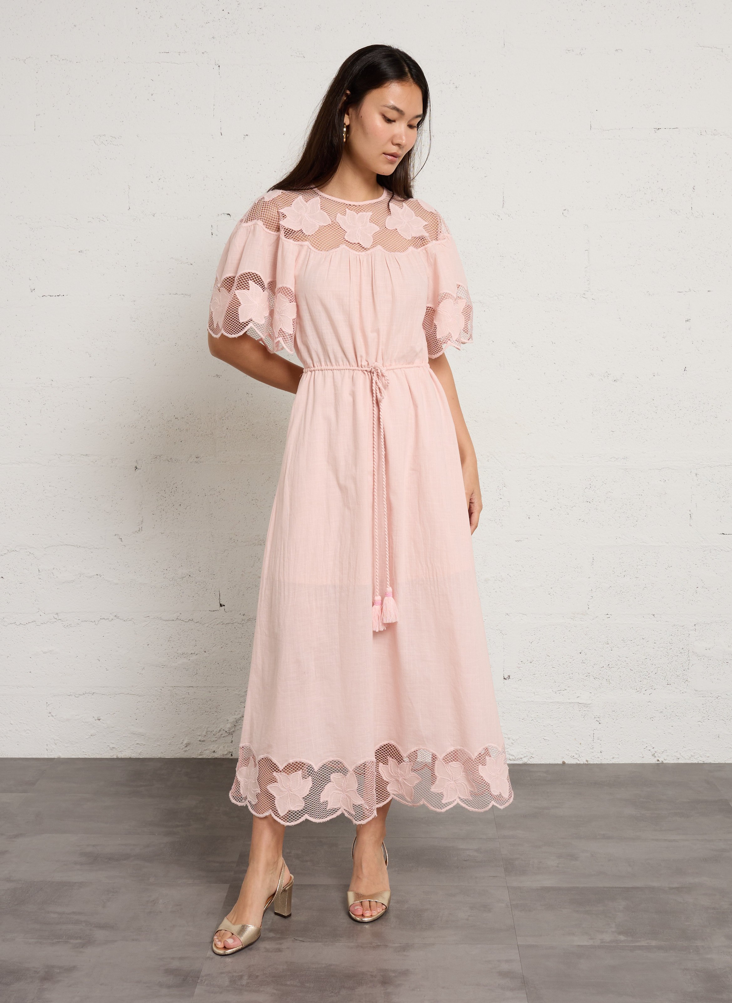Robe longue col rond en coton BERENICE Rose