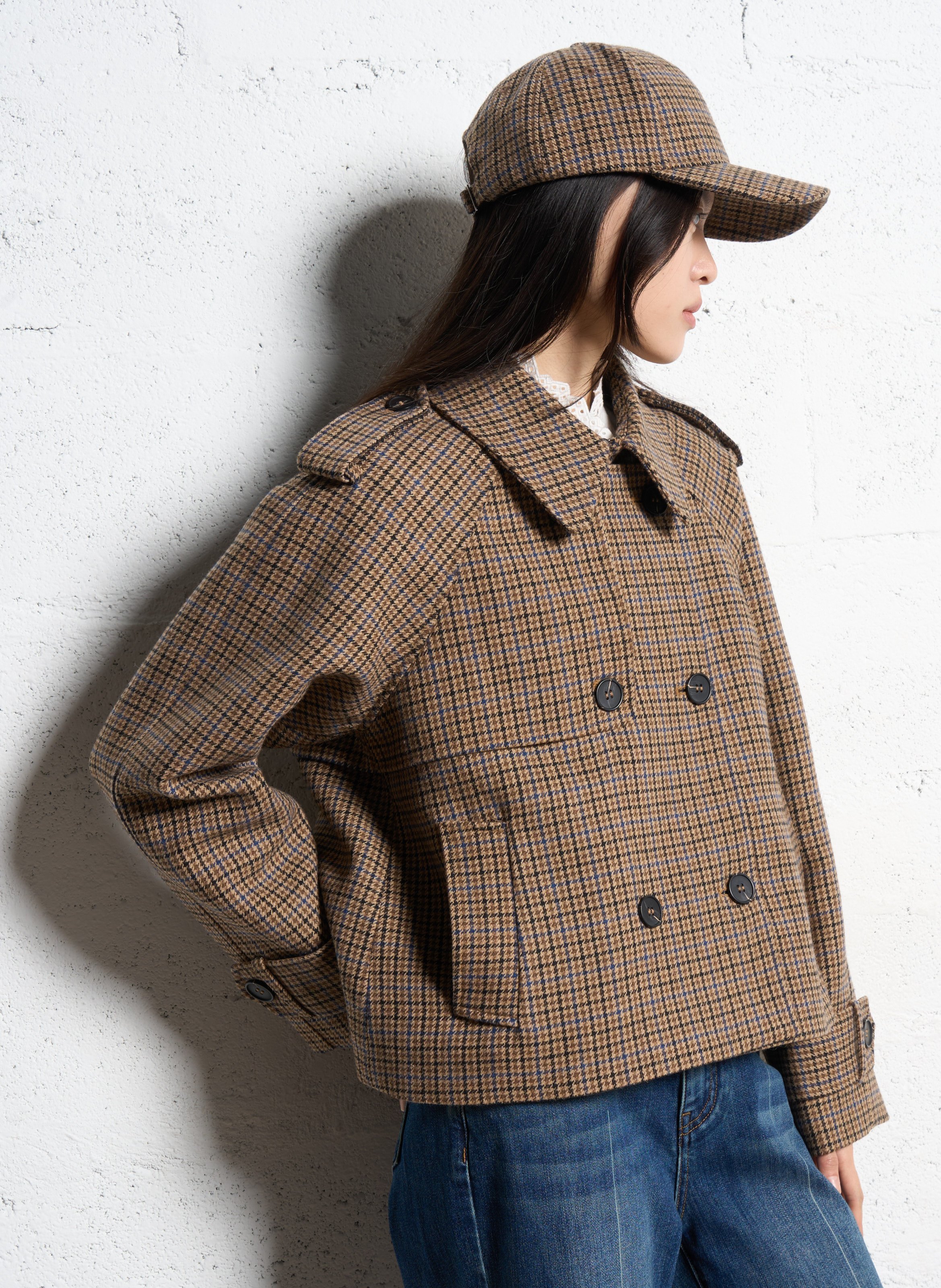 Manteau court boutonné à motifs SUNCOO Beige