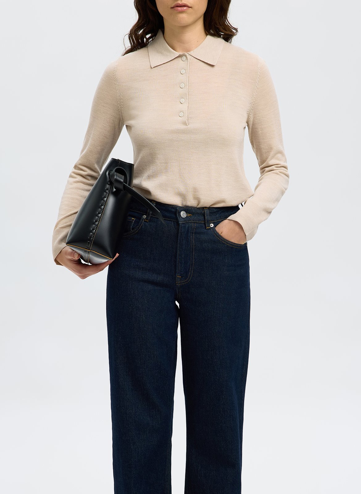 Heathered wool long-sleeve polo SELECTED Beige