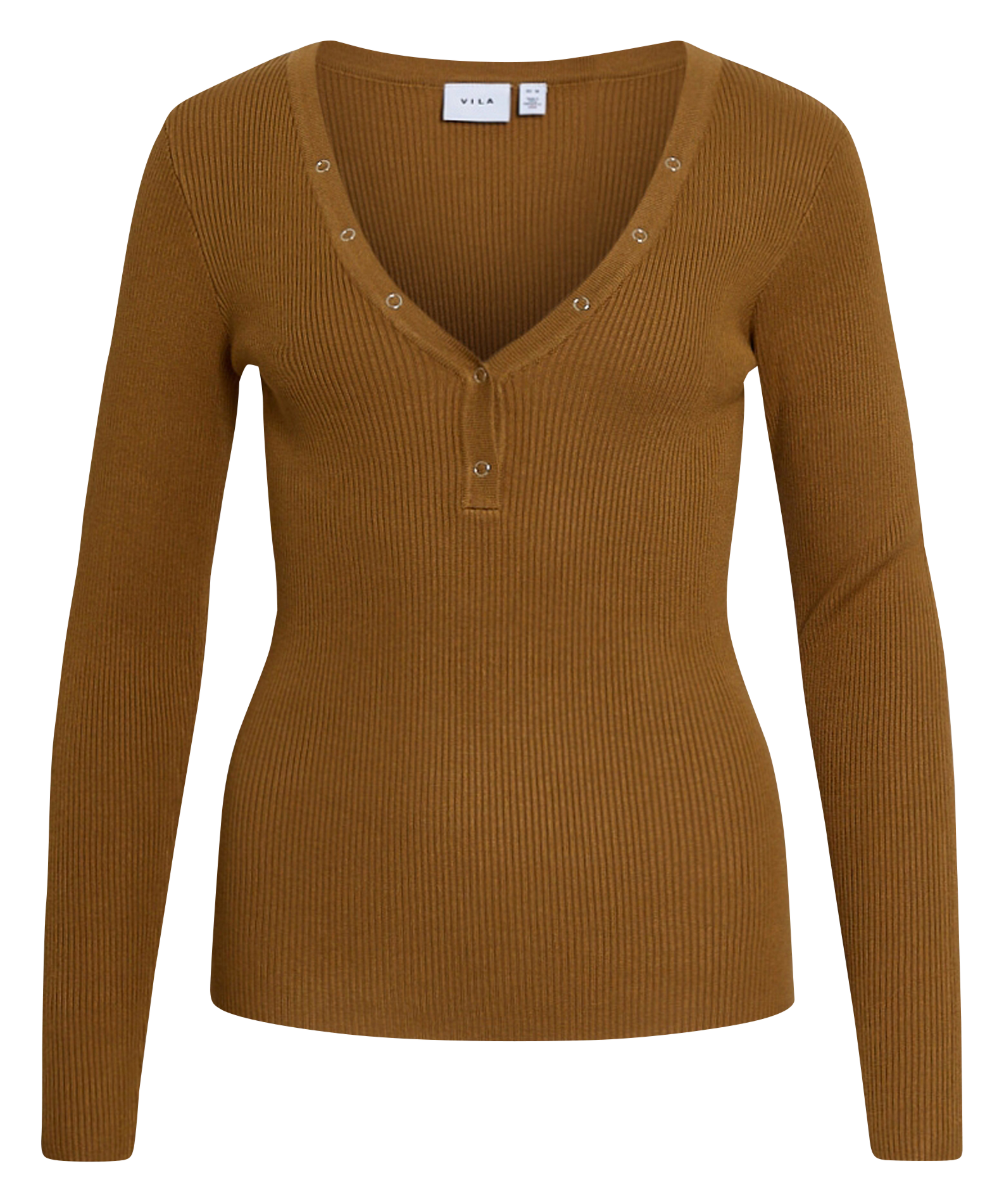 Fitted Ribbed V-Neck Top VILA Brown
