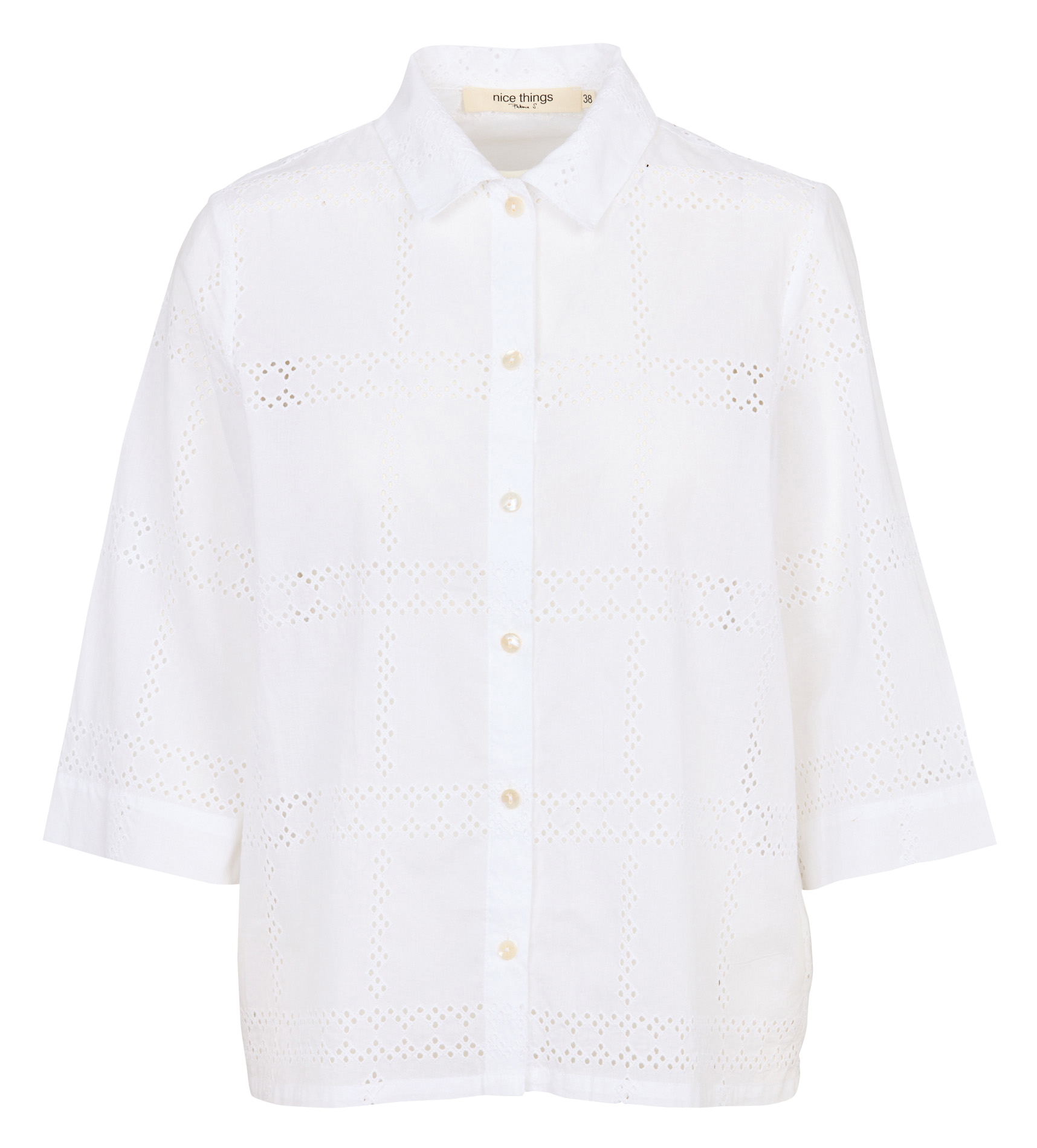 Rechte, katoenen blouse met klassieke kraag en borduursel NICE THINGS Wit