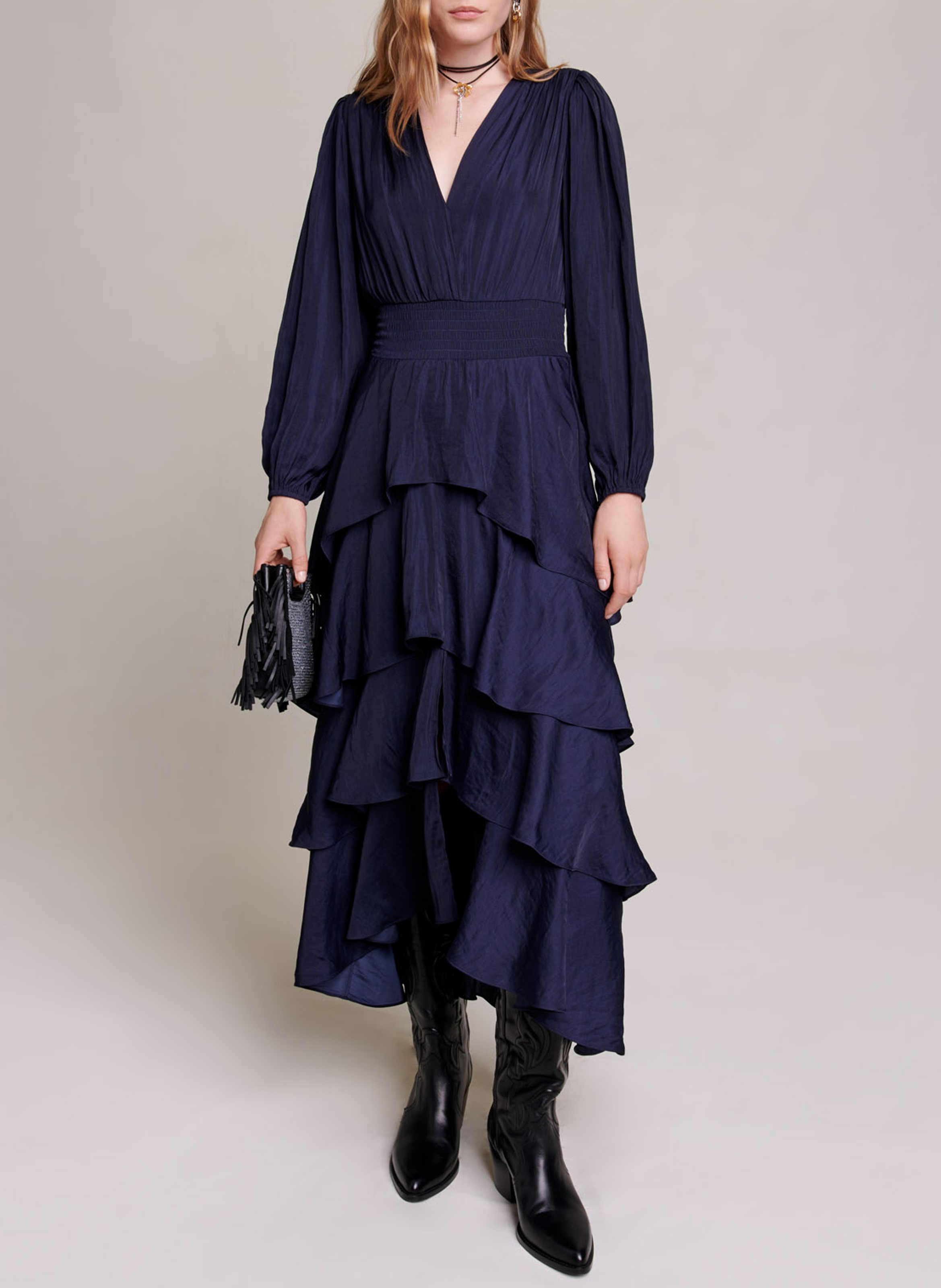 Long ruffled V-neck dress MAJE Blue
