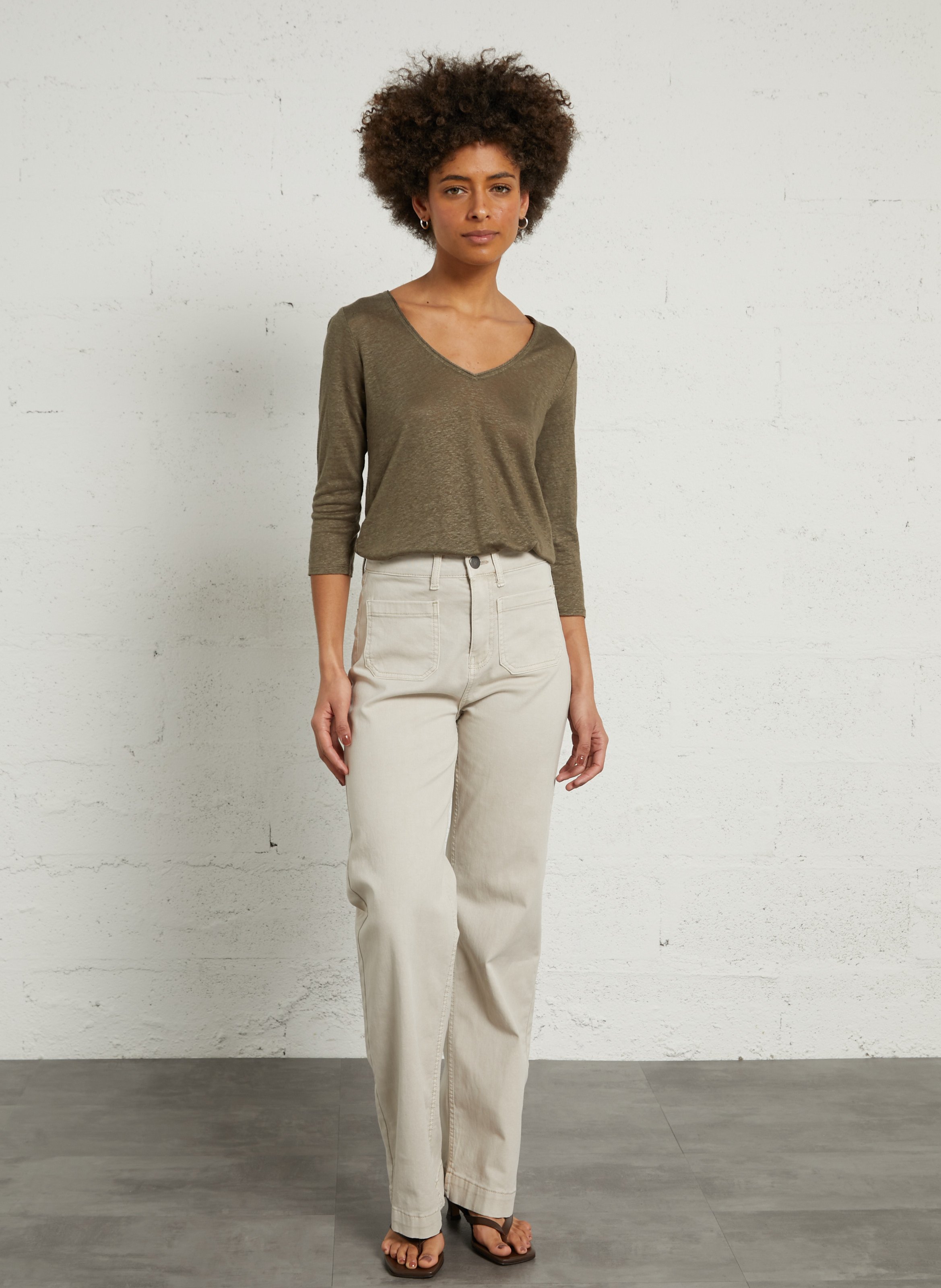 Tee-shirt col V chiné en lin  SUD EXPRESS Vert